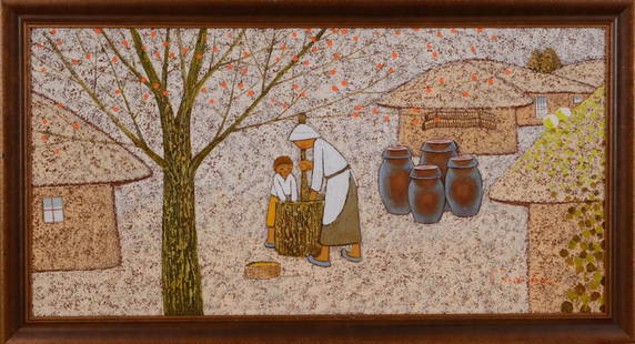 Signed Contemporary Korean Painting.: “Making Soybean Paste”, 20th c., signed Choi H K (?), oil on canvas, framed, 21.5 x 39.5 inches.