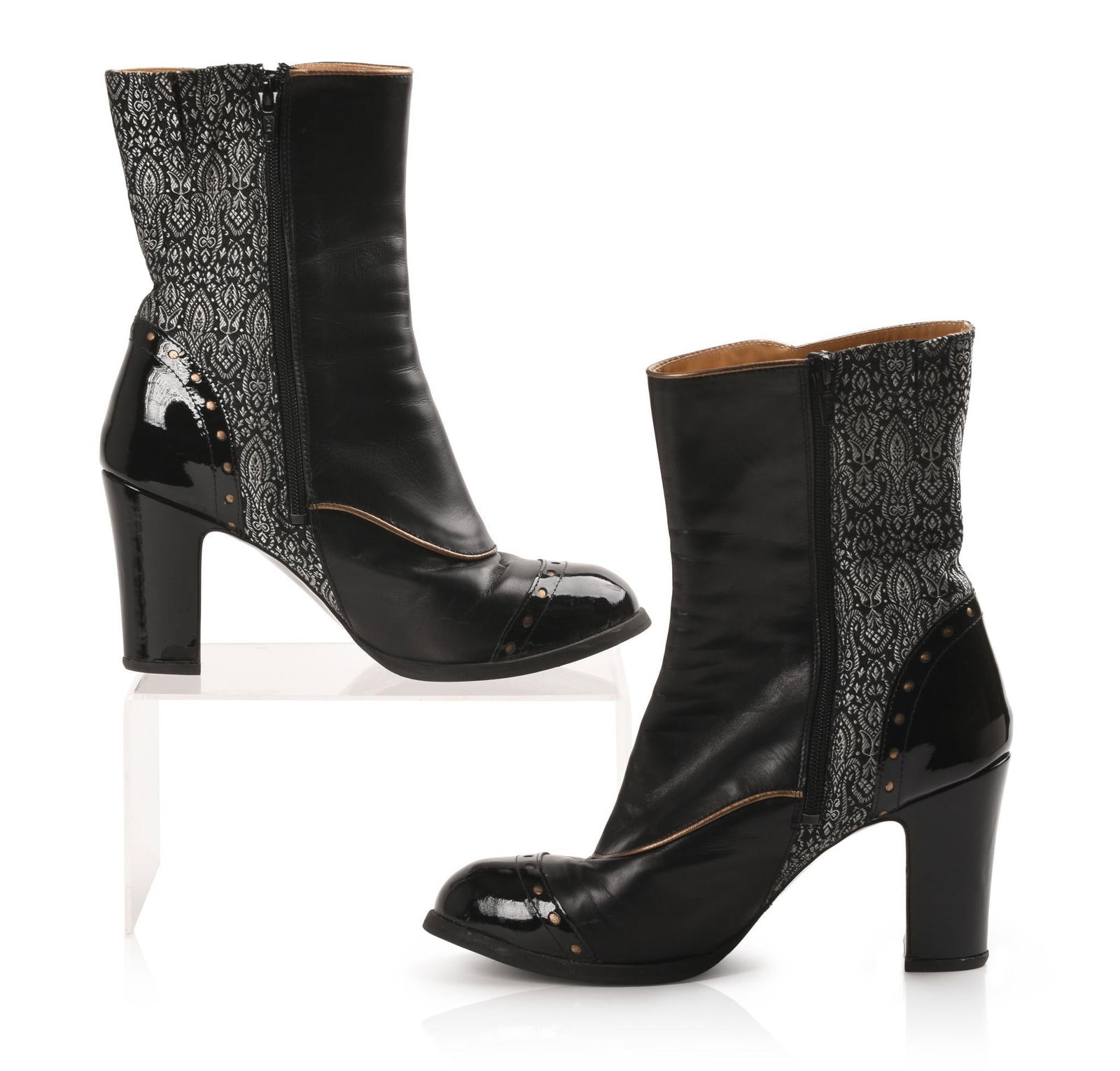 PAIR BLACK AND METALLIC JOHN FLUEVOG BOOTS. (1 of 12)
