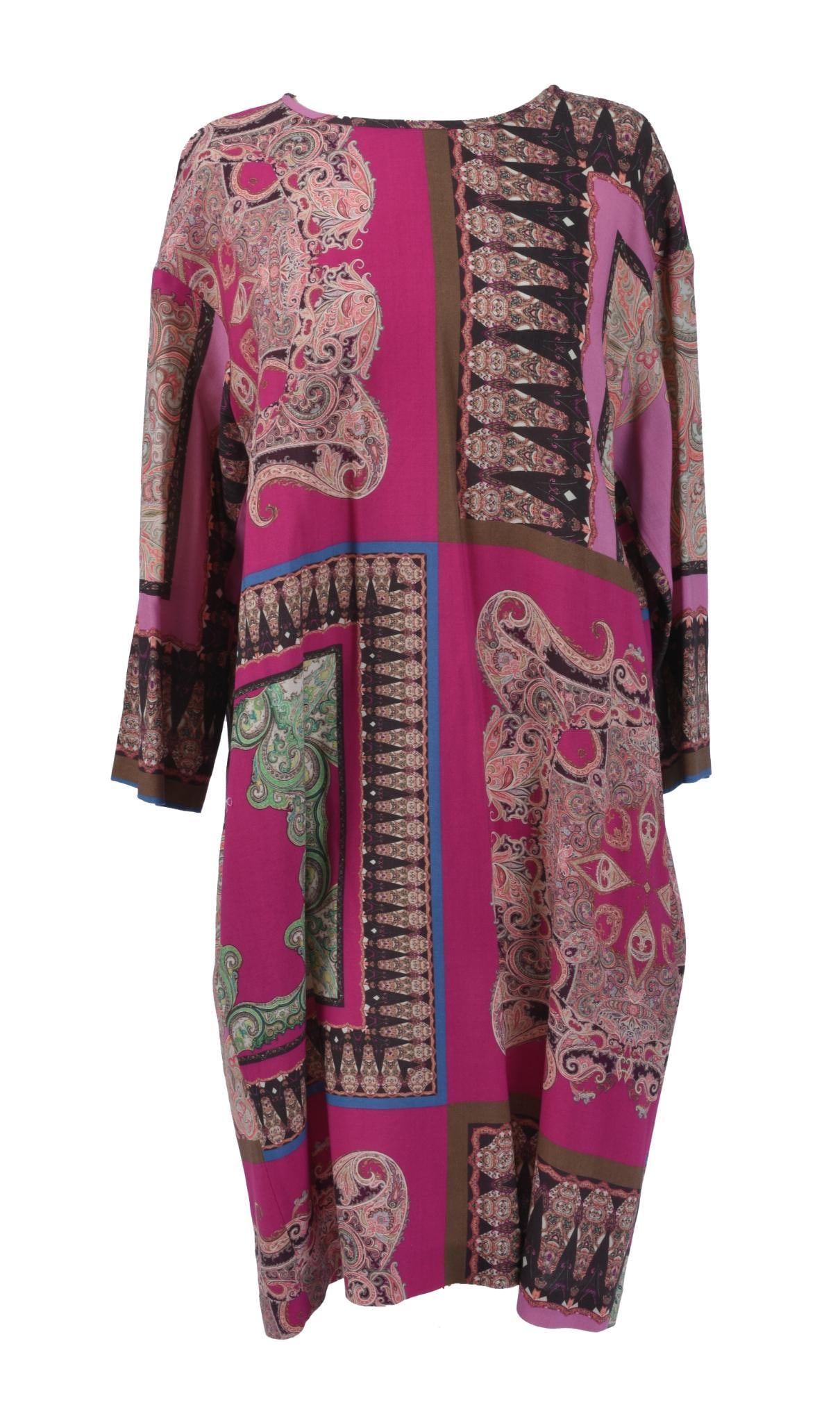 ETRO ITALIAN SILK PRINTED DRESS: In bright pink, rose, brown, and black paisley abstract print. The day dress in beautiful condition with long sleeves and round scooped neck line. Size 48.