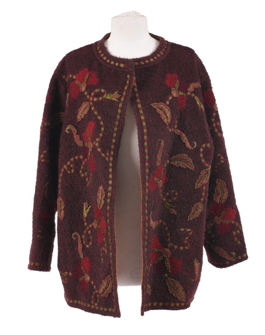 OSCAR DE LA RENTA OPEN HEAVY CASHMERE OPEN KNIT JACKET: With overall vine & floral embroidery. Multicolor embroidery on brown background. The jacket size 12.