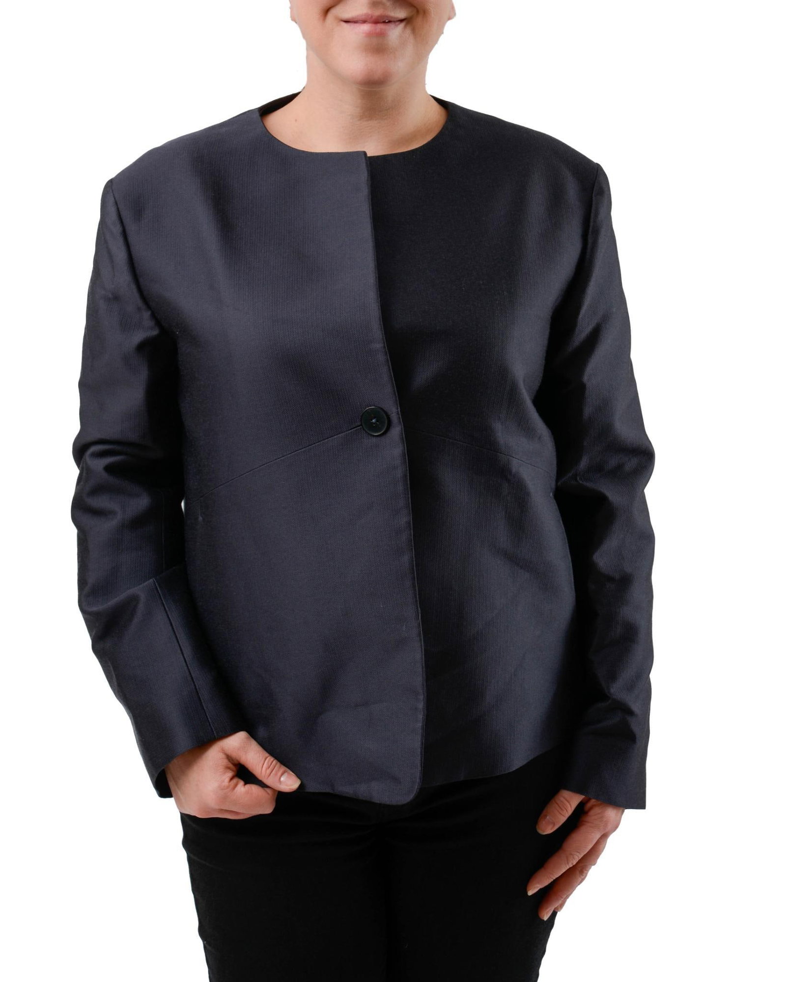 JILL SANDER JACKET: Midnight blue wool/ cotton tight weave jacket size 44. With pockets.