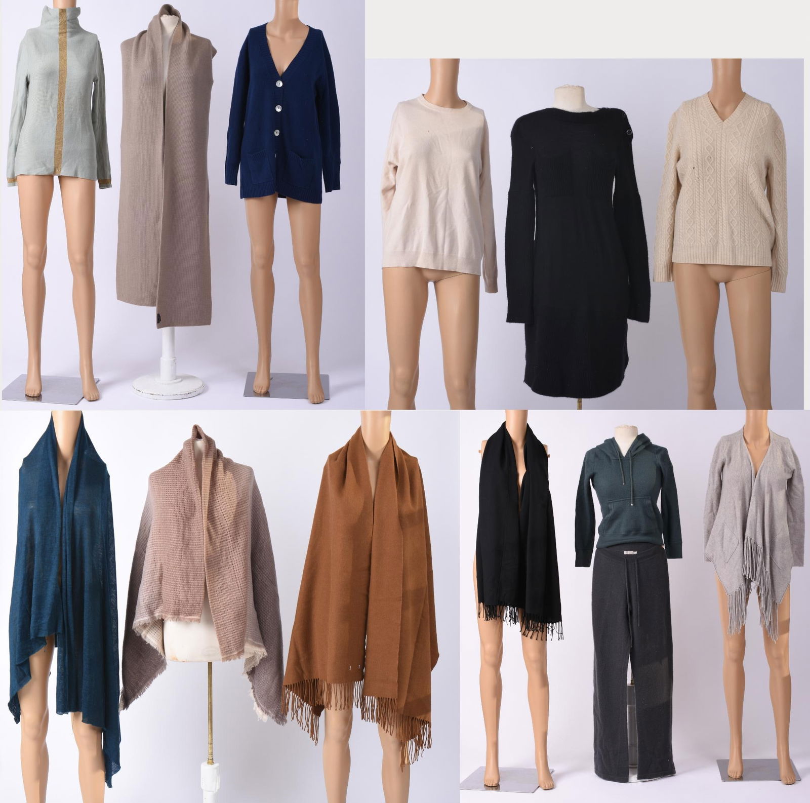 COLLECTION OF DESIGNER CASHMERE AND WOOK SWEATERS AND ACCESSORIES.: Brunello Cucinelli, Etro, Loro Piana, Seaton, Skull Cashmere, and others. Sizes small and medium. Some exhibit minor staining, Loro Piana sweater has a few small moth holes.