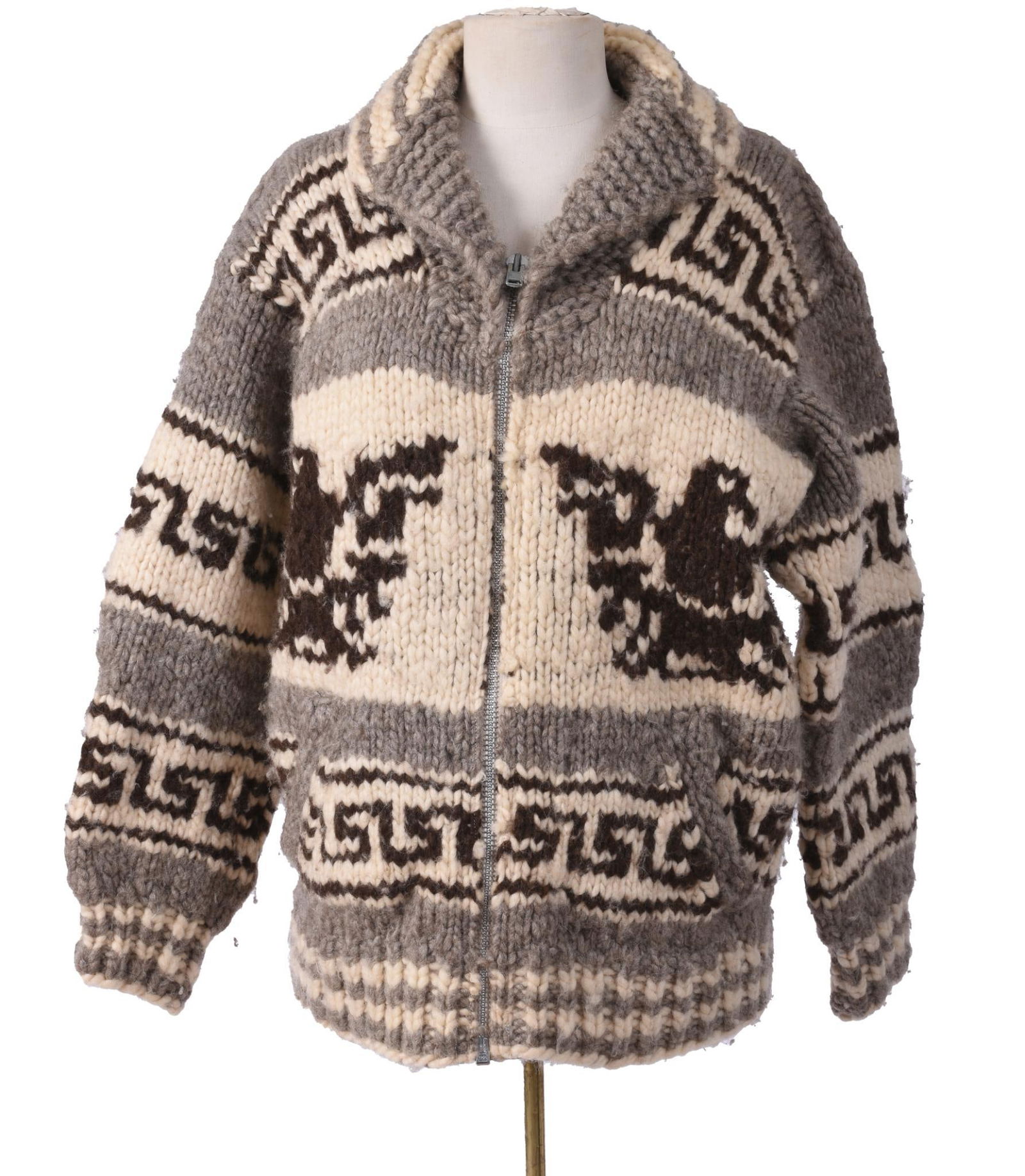 COWICHAN CARDIGAN/SWEATER WITH RARE SIDE SLIT POCKETS.: Hand-knit natural wool {not dyed). Size M Male/ML Female.Fine Condition. Original Owner. Purchased in late 70s directly from Mrs. Pelletier, Native Canadian knitter.