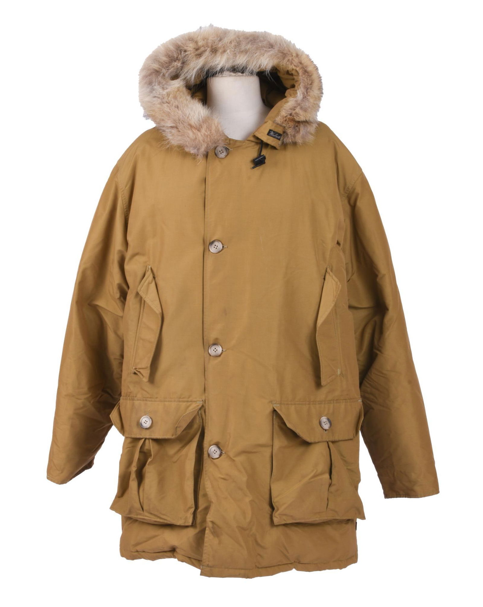 TAN COLOR WOOLRICH WINTER PARKA WITH FUR LINED HOOD. (1 of 5)