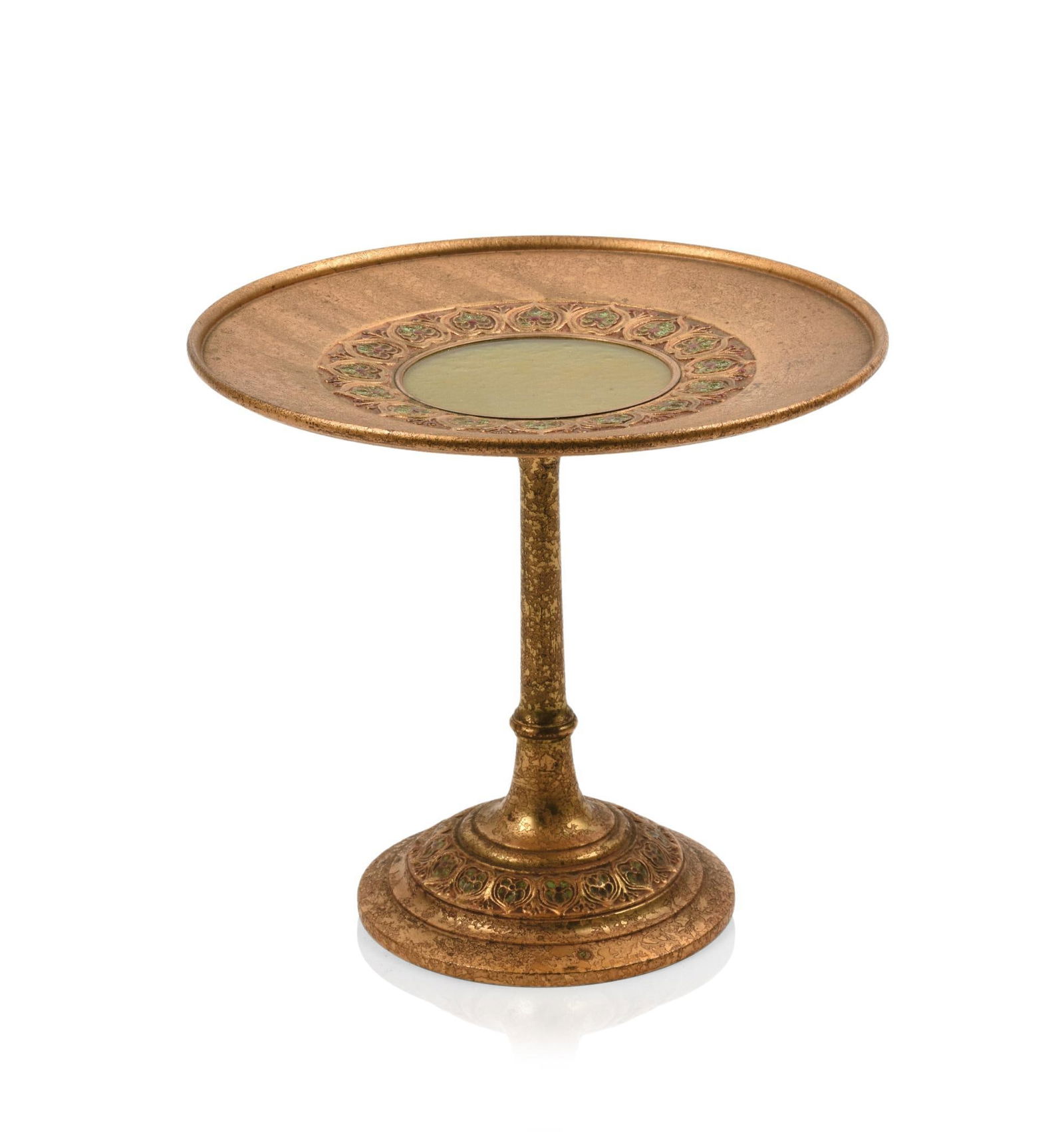 LOUIS C. TIFFANY FURNACES BRONZE AND FAVRILE GLASS COMPOTE. (1 of 4)