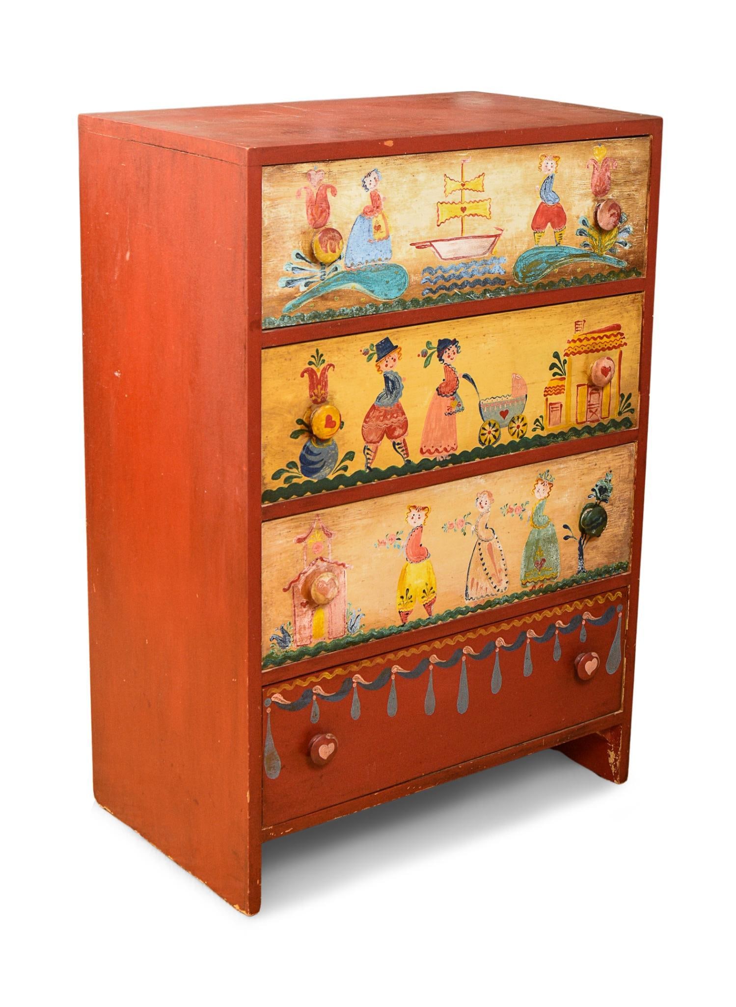 PETER HUNT ATTRIBUTED PAINTED FOLK ART CHEST OF DRAWERS (1 of 2)