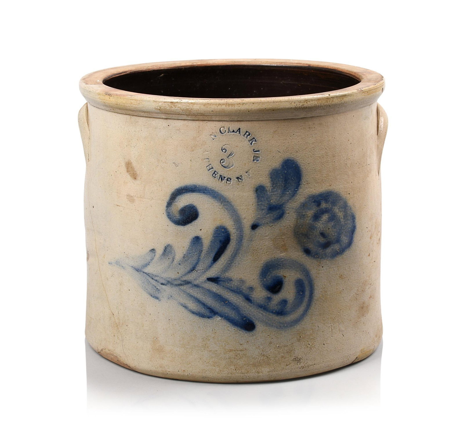 N. CLARK JR. ATHENS NY STONEWARE CROCK.: With cobalt blue decoration, height 10 inches. Crack to left side.