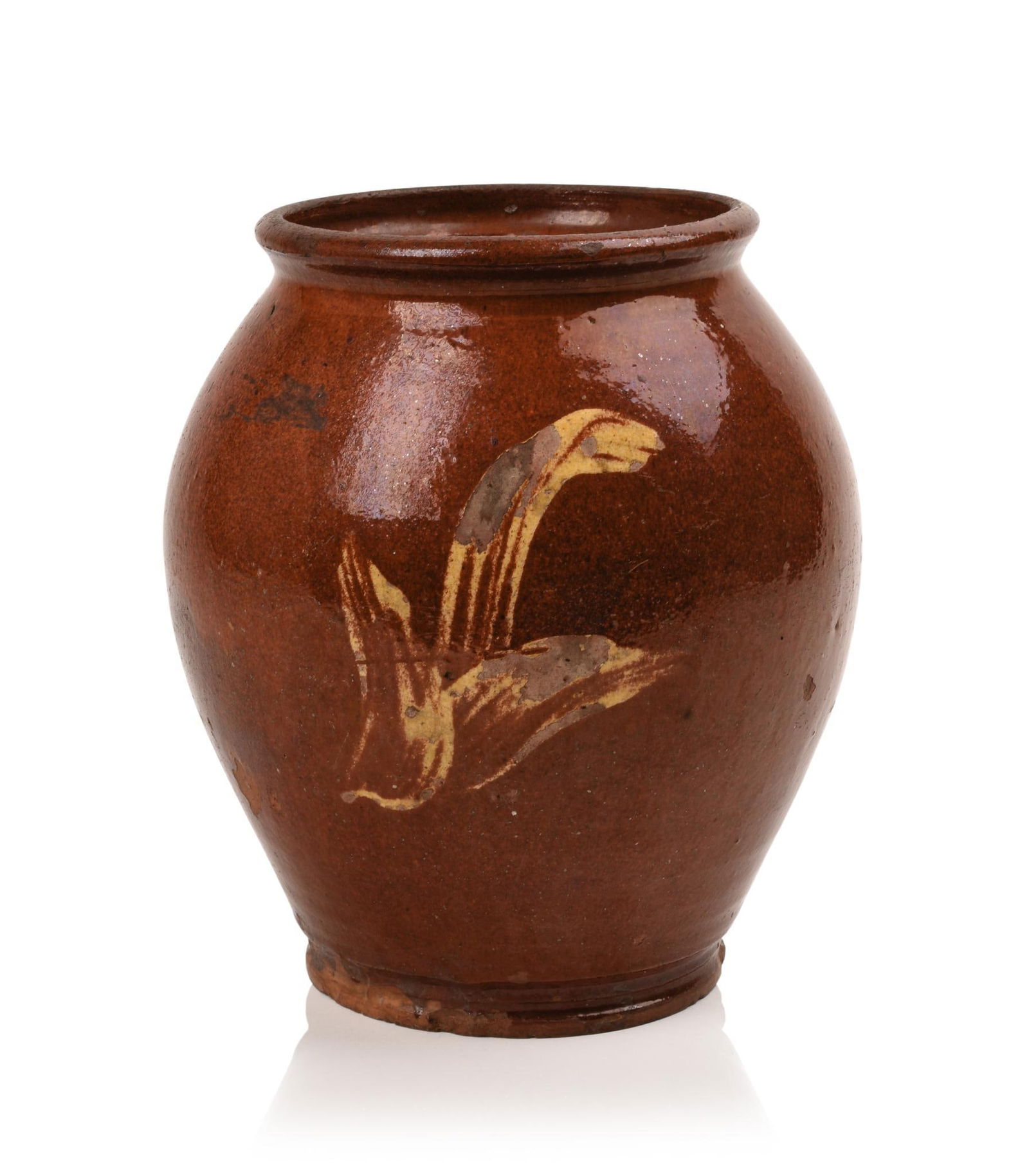 LARGE REDWARE JAR WITH YELLOW DECORATION. (1 of 5)