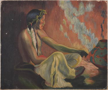 UNFRAMED OIL ON BOARD PAINTING OF A SOUTHWEST NATIVE AMERICAN: Depicted decorating a pot in the manner of Eanger Irving Couse (1866-1936). Signed "Harold Heitkamp" (unlisted artist) lower left and appears to be dated 1924. Couse was alive at the time the painting