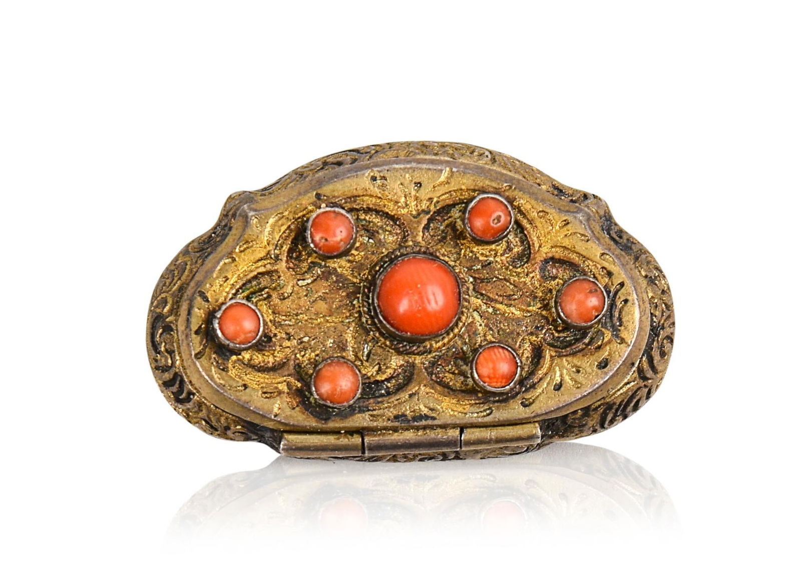SMALL AUSTRO HUNGARIAN SILVER GILT AND CORAL PILL BOX (1 of 3)