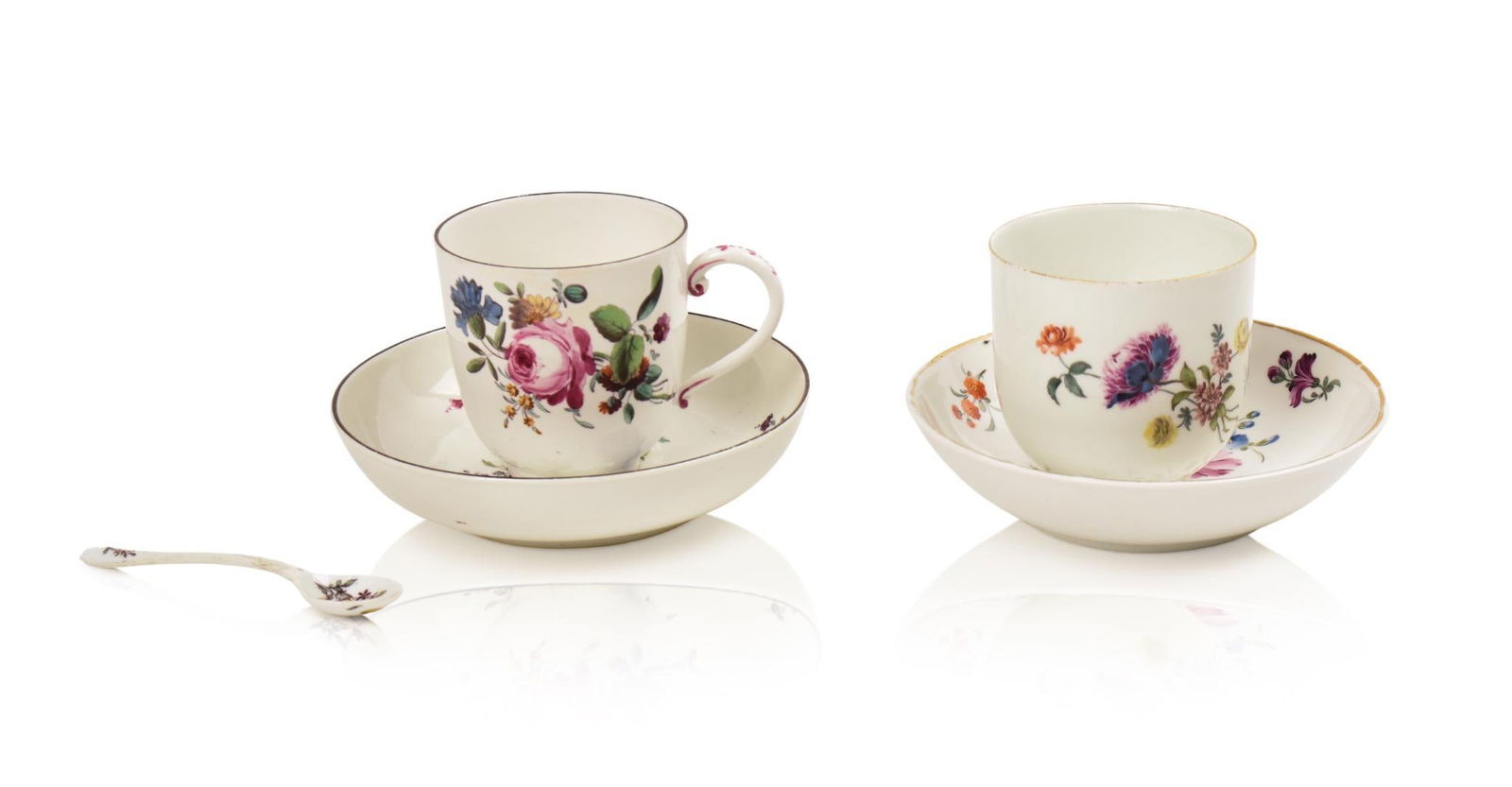 TWO MEISSEN FLORAL DECORATED TEA CUPS WITH SPOON: Height 3.25 inches, condition one cup with broken handle