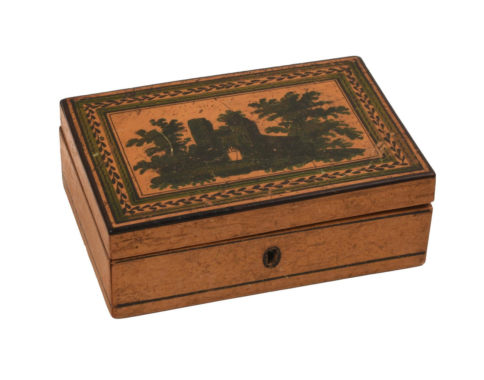 PAINTED WOOD BOX: With castle scene, height 2 inches, width 6 inches