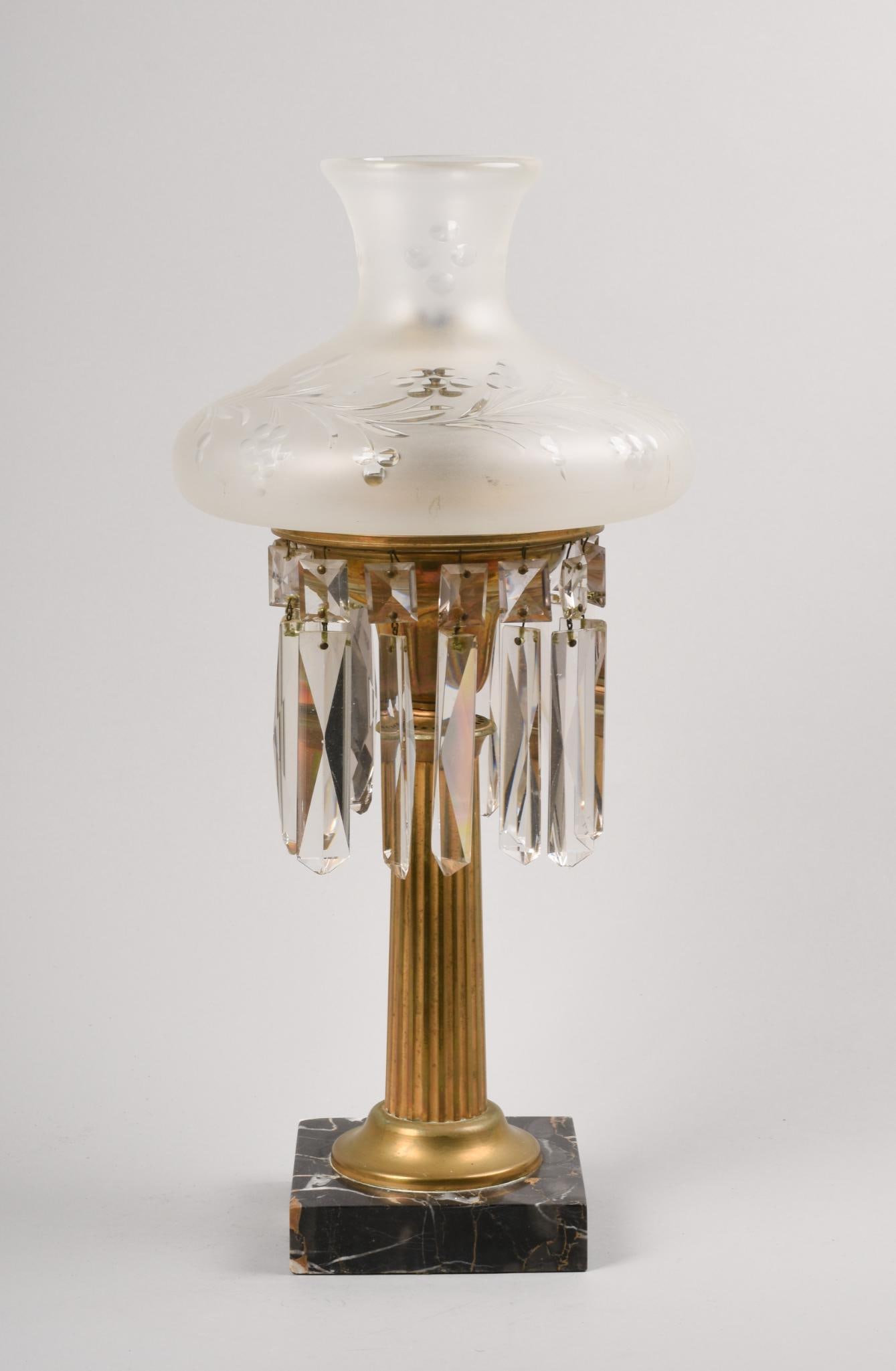 BRASS COLUMNAR LAMP: prisms, etched shade, burner stamped M. H. Collins, Pat. Sept 19, 1865, overall height 17.5 inches. some chips to prisms.