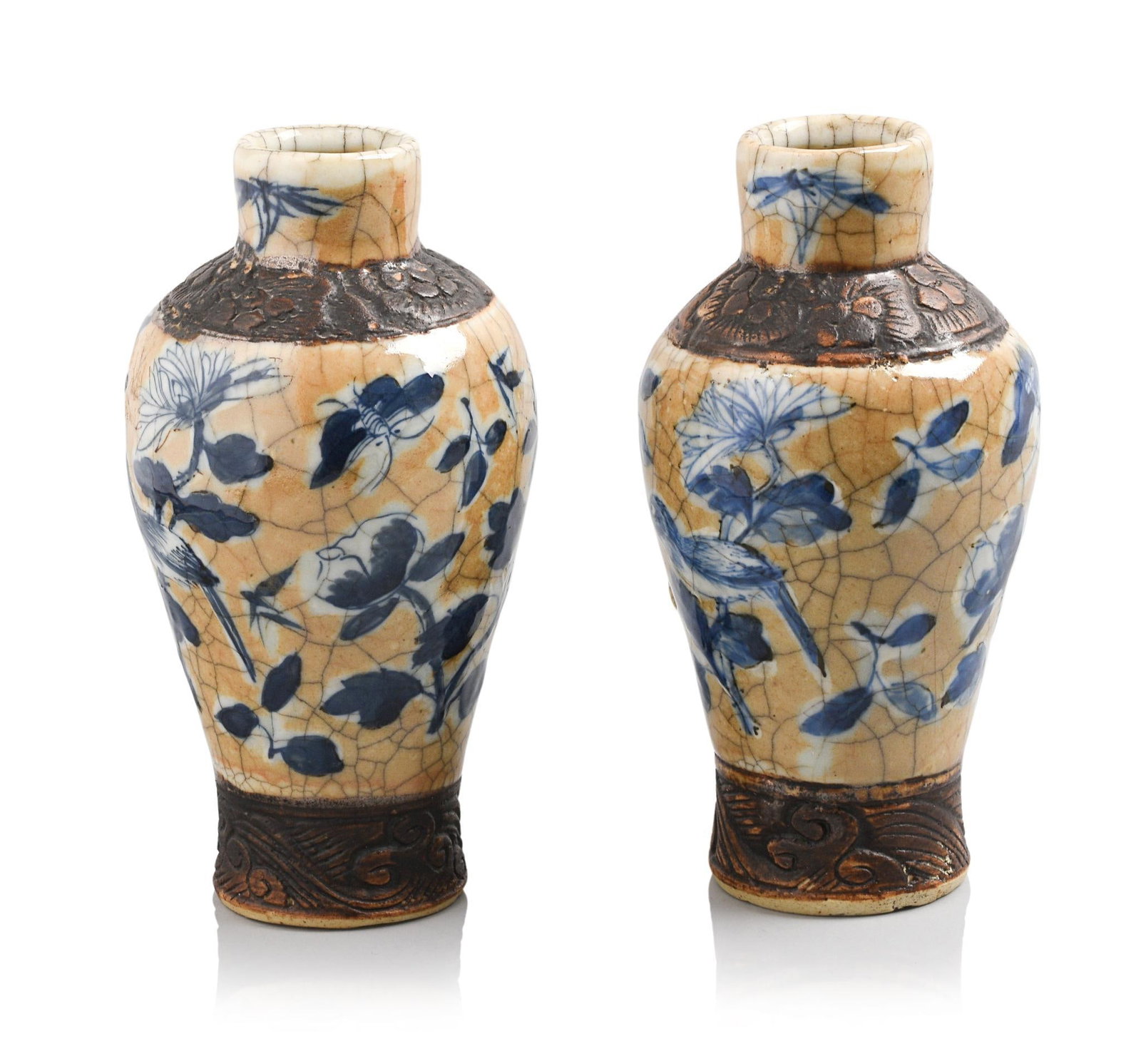 PAIR OF CHINESE BLUE AND WHITE CRACKLE GLAZE PORCELAIN VASES: late 19th/early 20th c., 7.5 inches in height, minor surface wear.