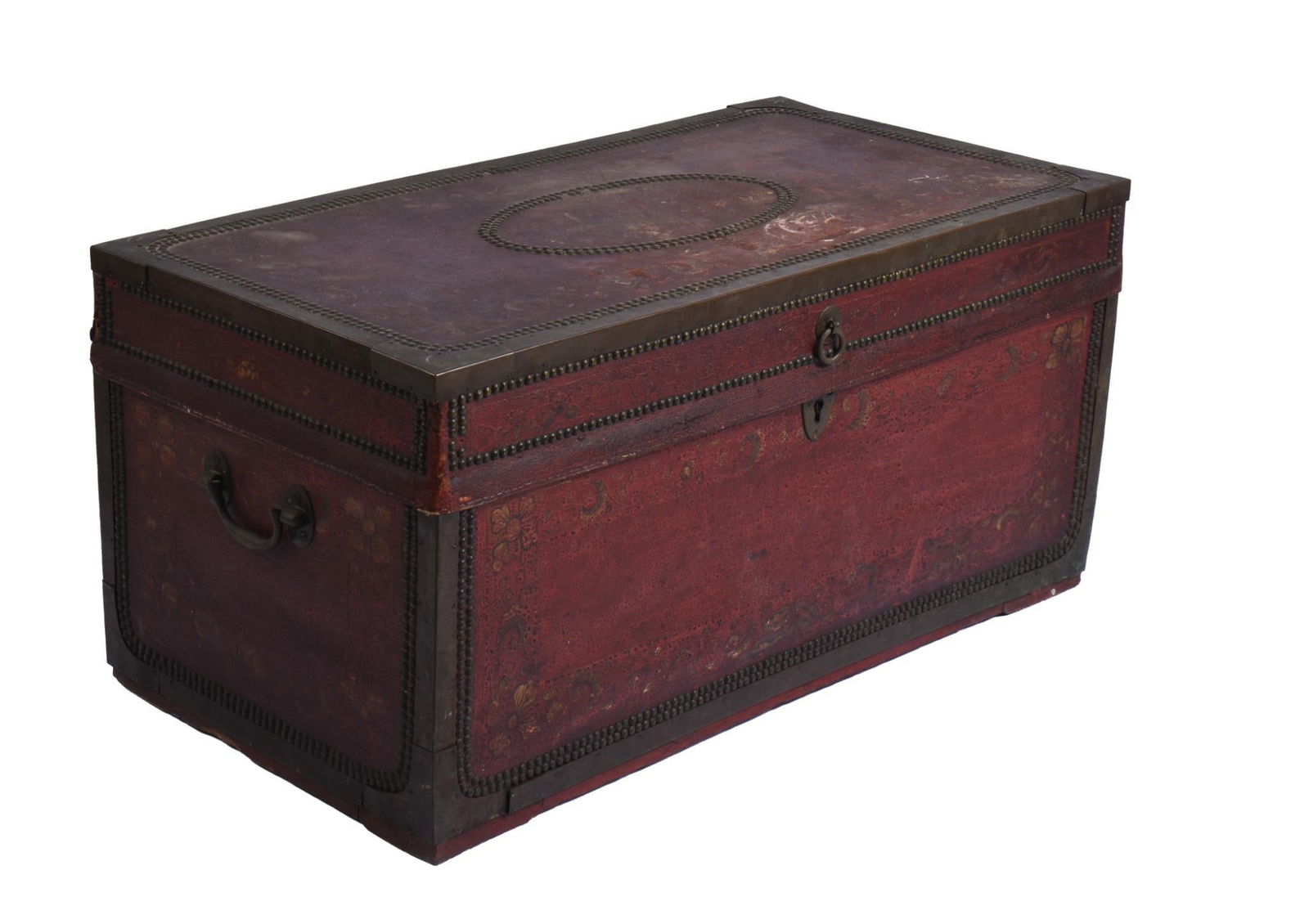 PAINTED RED LEATHER CHINESE EXPORT CAMPHOR WOOD TRUNK (1 of 3)