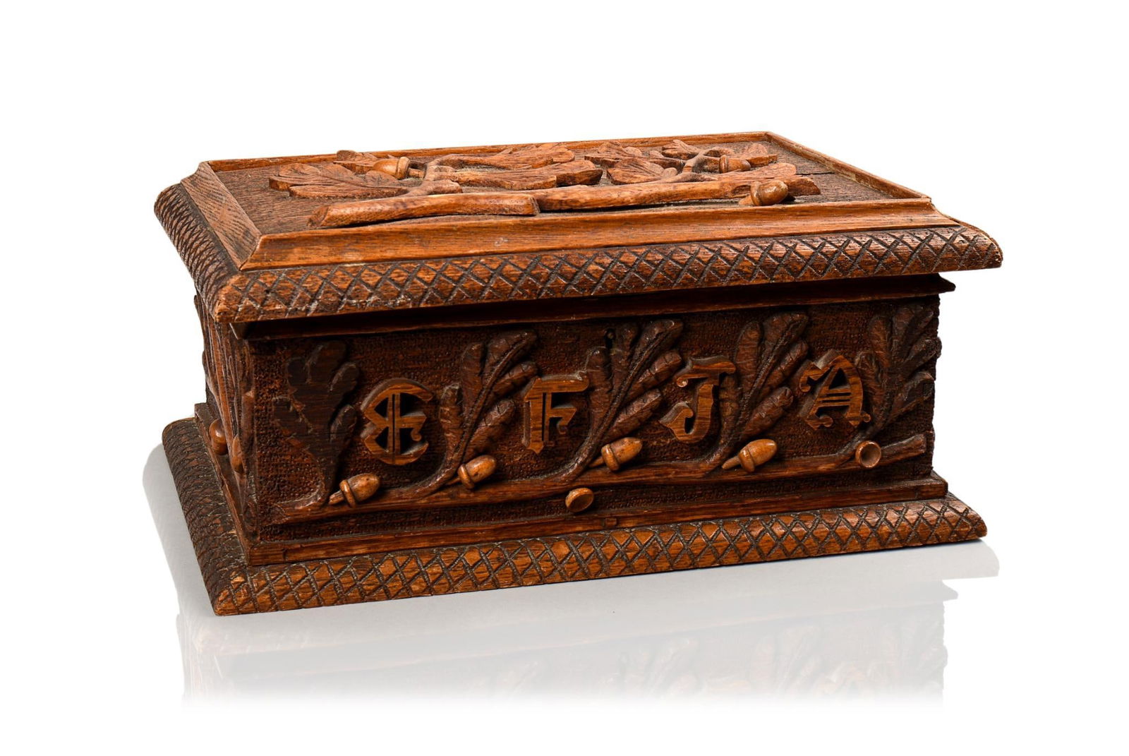 FOLK ART CARVED OAK SEWING BOX. (1 of 7)