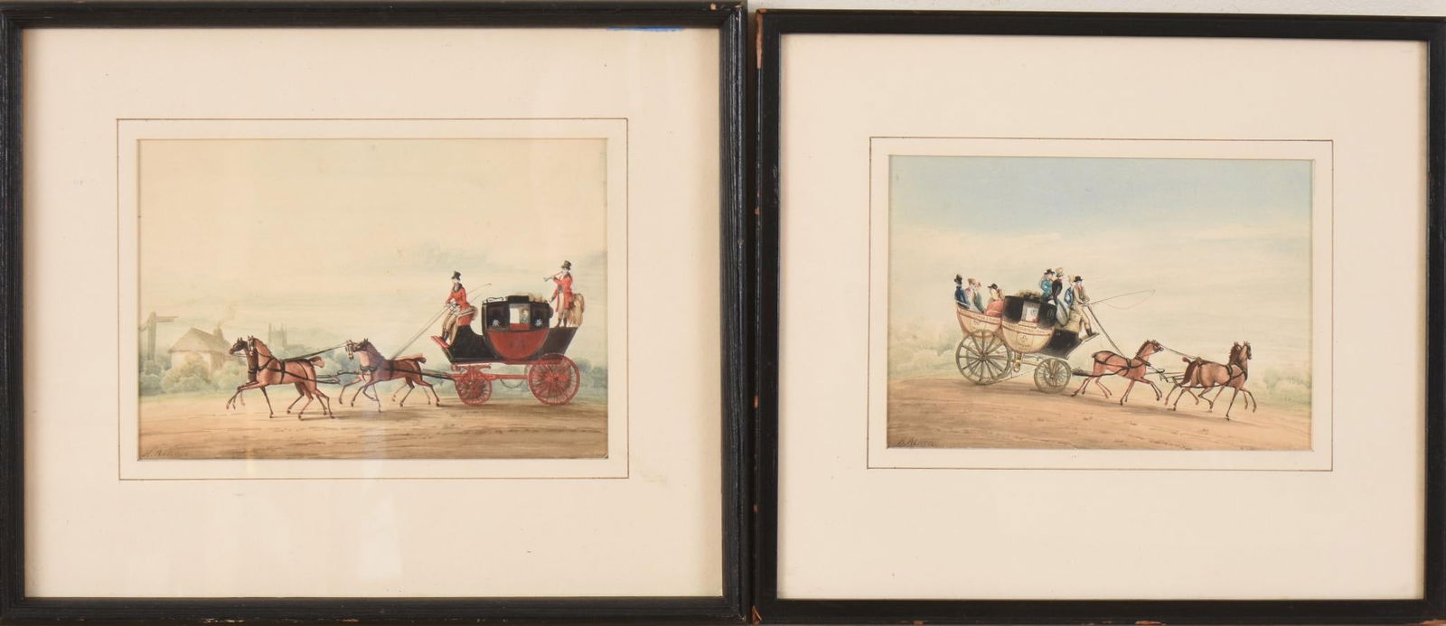 TWO WATERCOLORS BY ENGLISH PAINTER HENRY THOMAS ALKEN: Of horse drawn carriage scenes, signed H. Alken, circa 1820's, framed 8.5 inches by 9.75 inches