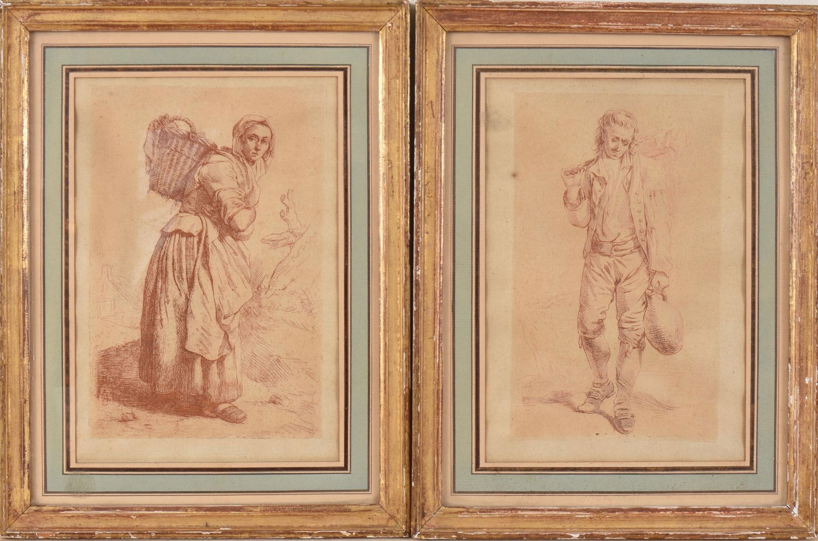 PAIR OF ETCHINGS IN RED INK OF PEASANTS (1 of 4)
