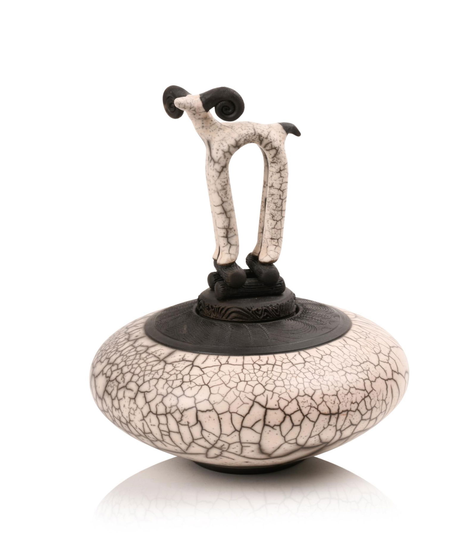 SIGNED RAKU POT WITH RAM ON LID (1 of 6)