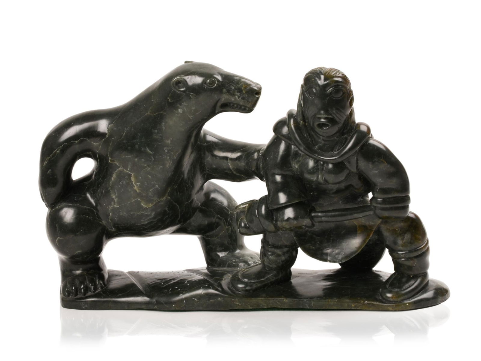 LARGE INUIT SOAPSTONE CARVING OF A HUNTER AND BEAR (1 of 5)