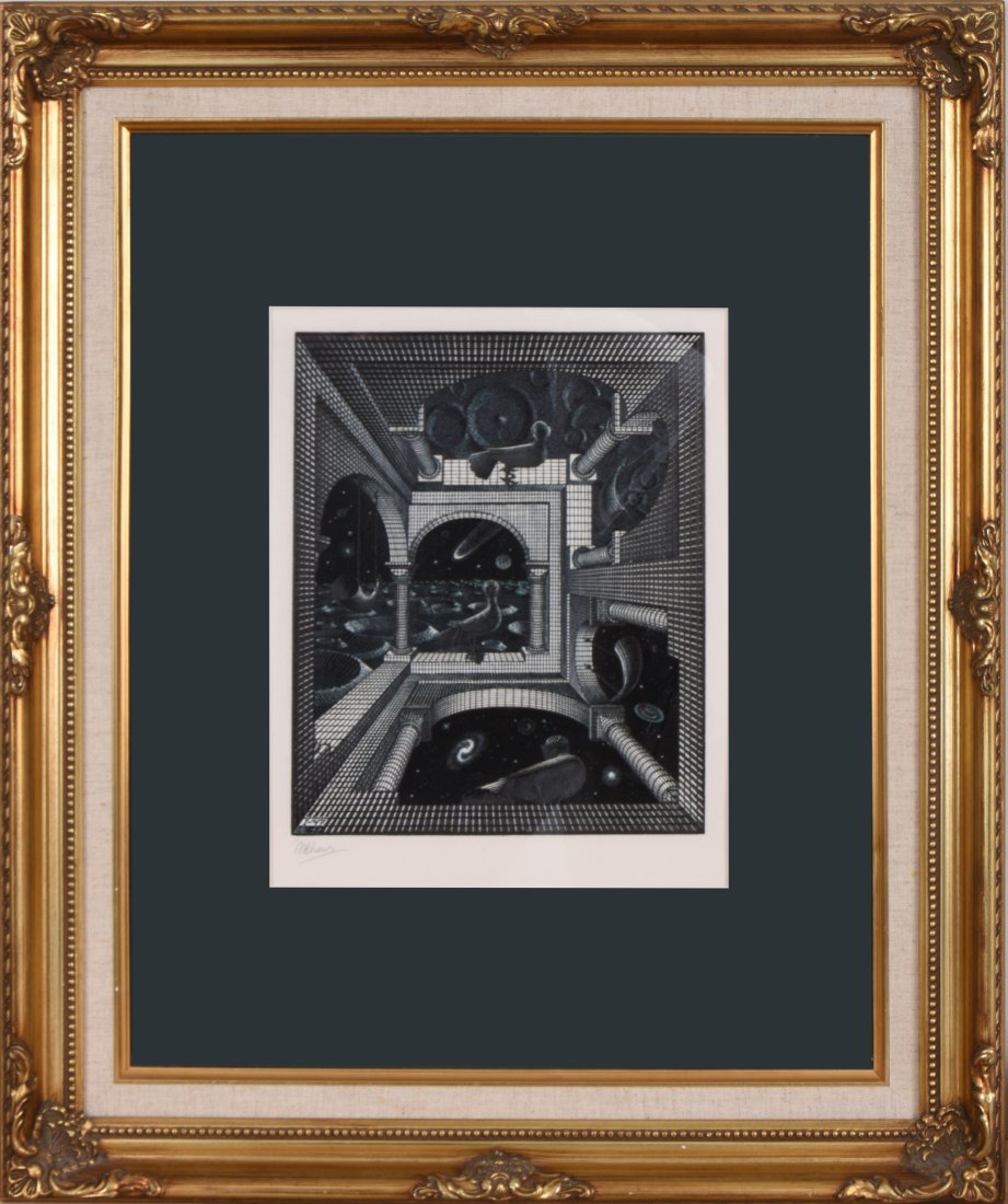 ANOTHER WORLD, WOODBLOCK PRINT AFTER M.C. ESCHER (1 of 2)