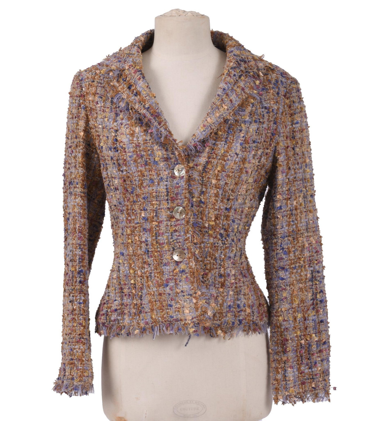 RENATO NUCCI ITALIAN BOUCLE WOVEN MULTICOLORED NOTCHED COLLAR JACKET: Size 38.