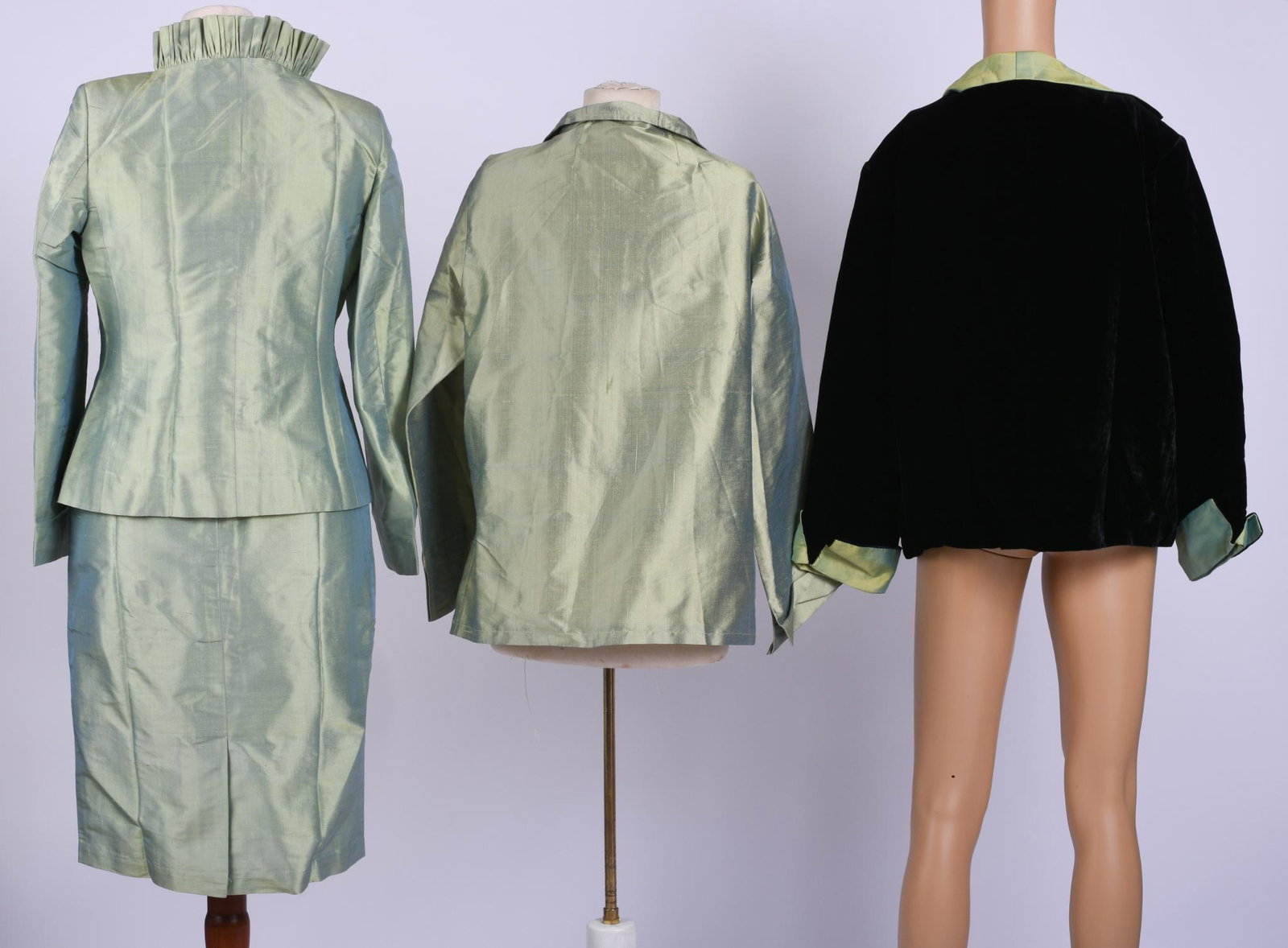 INDO-CHIC SILK SKIRT SUIT WITH MATCHING JACKET: Skirt suit and jacket in light green with velvet silk lined blazer size XL, suit in original bag new condition
