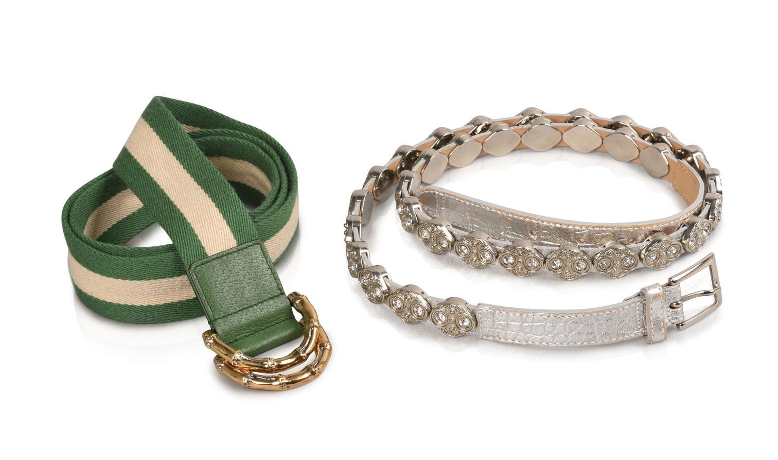 GUCCI GREEN STRIPED COTTON BELT WITH A SILVER JEWELED BELT (1 of 6)