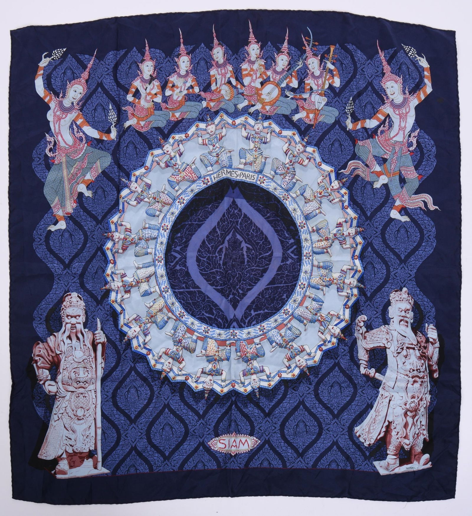 RYBAL FOR HERMES SIAM SCARF.: 34 x 34 inches, excellent condition.