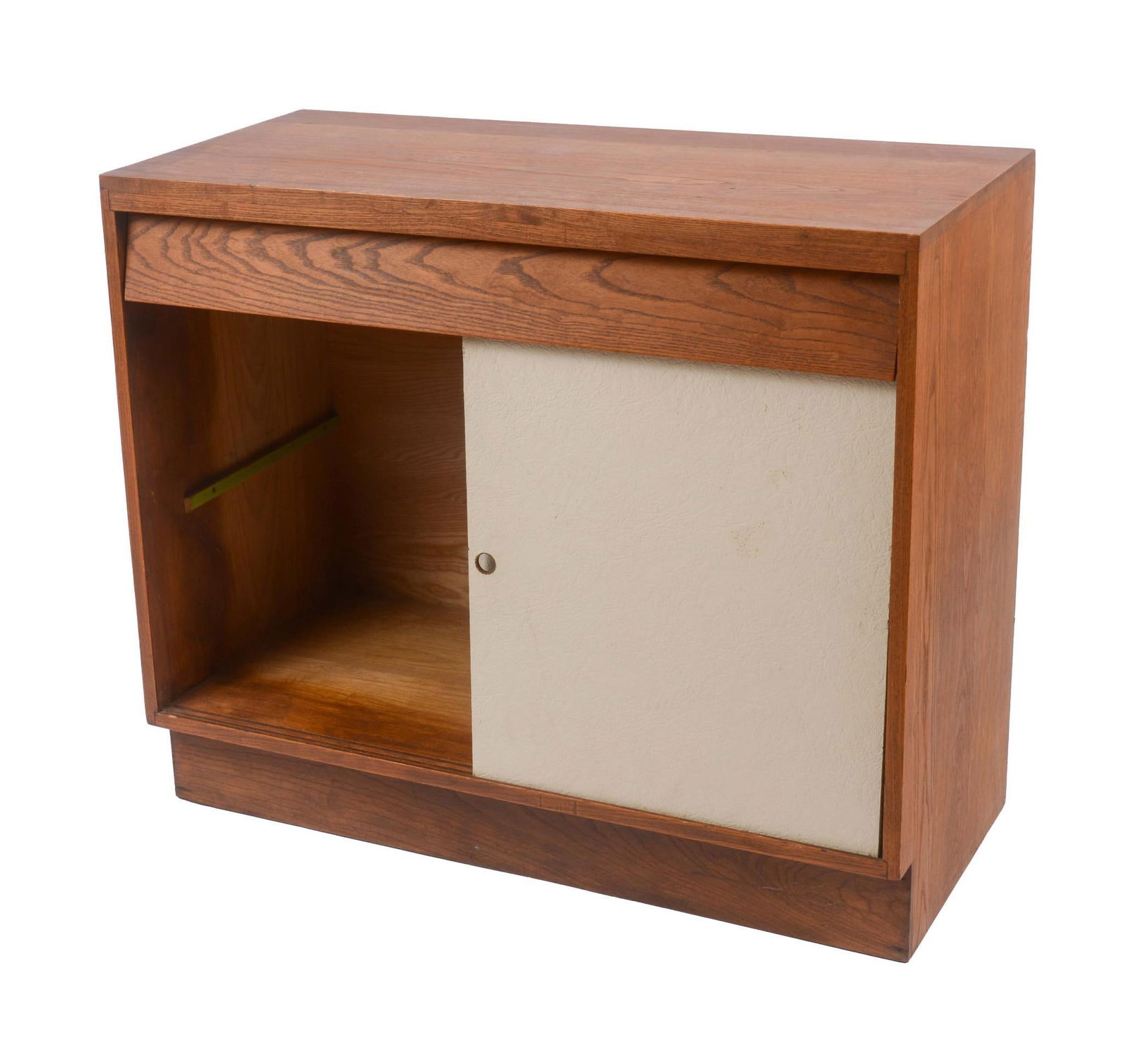 Mid Century Sliding Door Cabinet: American, height 29 inches, width 34 inches, depth 16 inches.