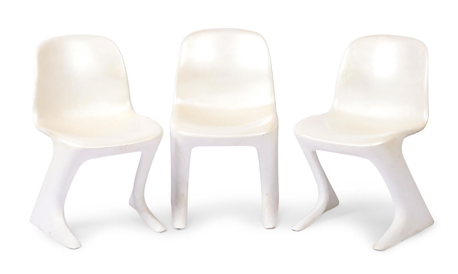 Three Ernst Moeckl Z Chairs: In a silvery white finish, height 30.5 inches, width 16 inches, depth 17.5 inches, good condition