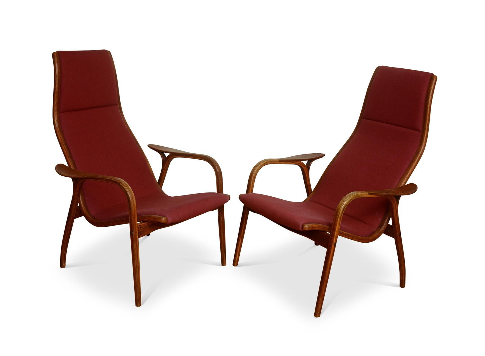 Pair of Lamino Chairs by Yngve Ekstrom for Swedese: Seat height 17 inches, overall height 37 inches. Good vintage condition, minor age related wear.