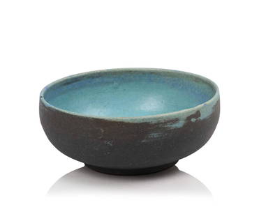 Edwin and Mary Scheier Studio Pottery Bowl.: Matte blue interior with charcoal gray exterior, signed on bottom, c. 1960. Diameter 4.5 inches. Very good condition.