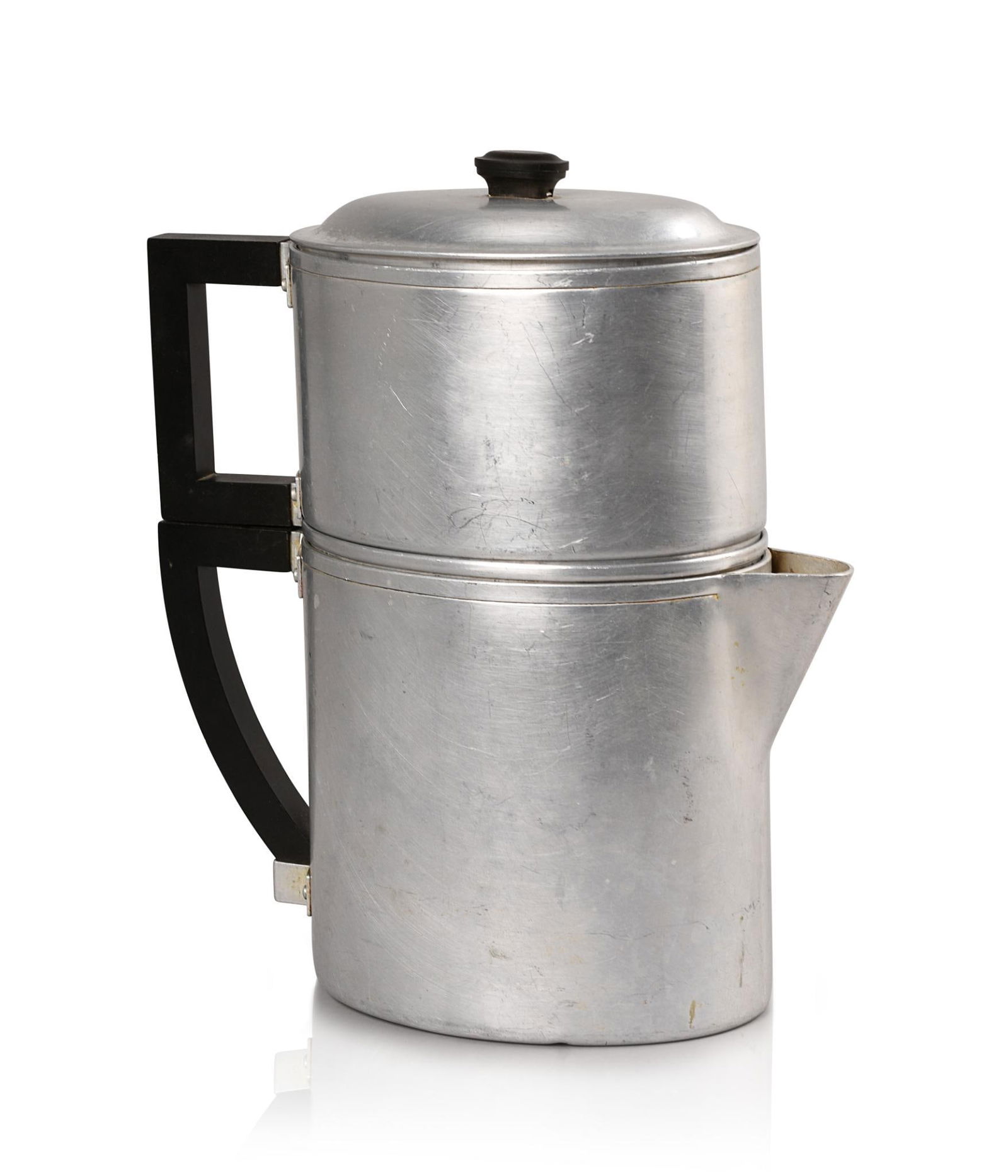 Lurelle Guild Coffee Maker for Wear-Ever.: Streamlined Machine Age design, aluminum with bakelite handles, model #5052, designed in 1932, signed. Height 11 inches.