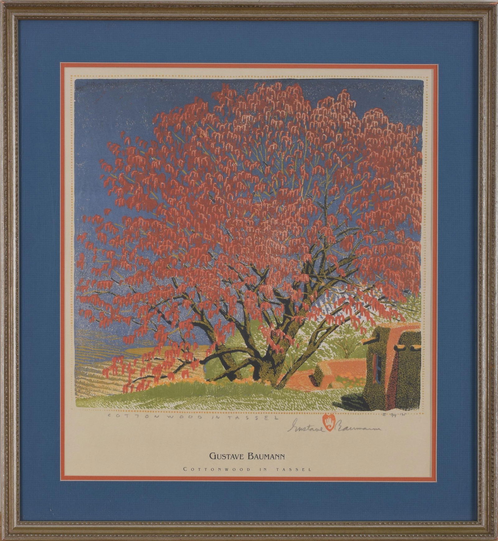 Gustave Baumann Reprint of Cottonwood in Tassel: Limited edition #94 of 125, pencil signed, frame 22 x 20.75 inches.