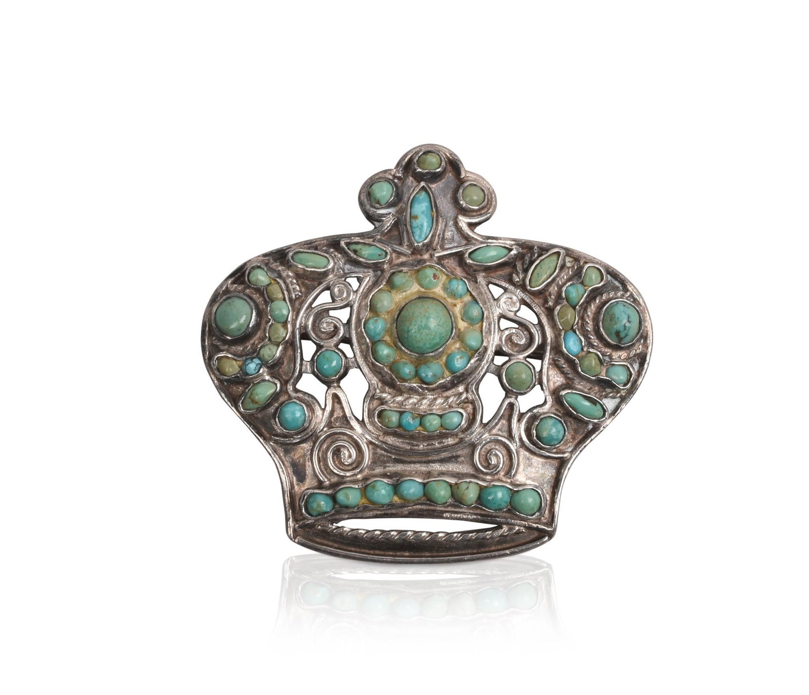 Matilde Poulat Mexican Sterling and Turquoise Crown Brooch: Signed Matl, marked .925, Hecho en Mexico D F, 2 x 2 inches.