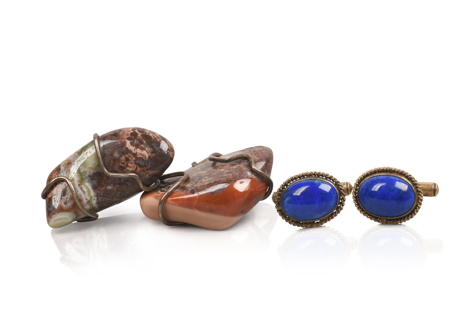 Two Pairs Sterling and Stone Cufflinks: Lapis mounted on silver plate and marbleized stones in wire setting, heights 1.25 inches and .75 inches
