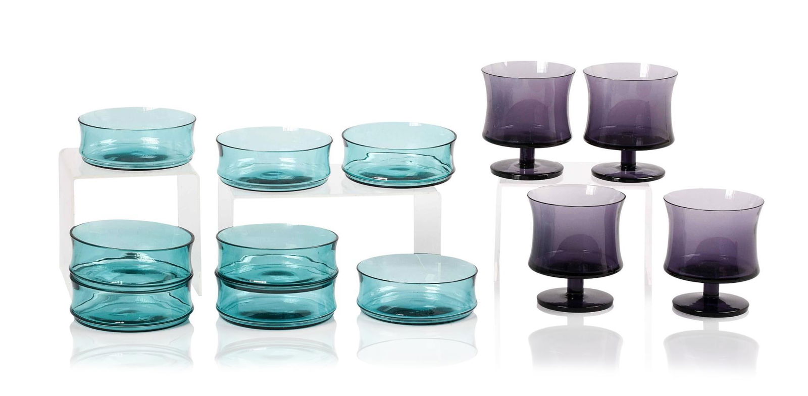 Block Chromatics Glass Tableware.: Designed by Gerald Gulotta, c. 1970, 12 pieces including 8 dessert bowls and 4 water goblets. Diameter of bowls 4.5 inches, height of goblets 4.25 inches. Good condition, minor surface scratches.