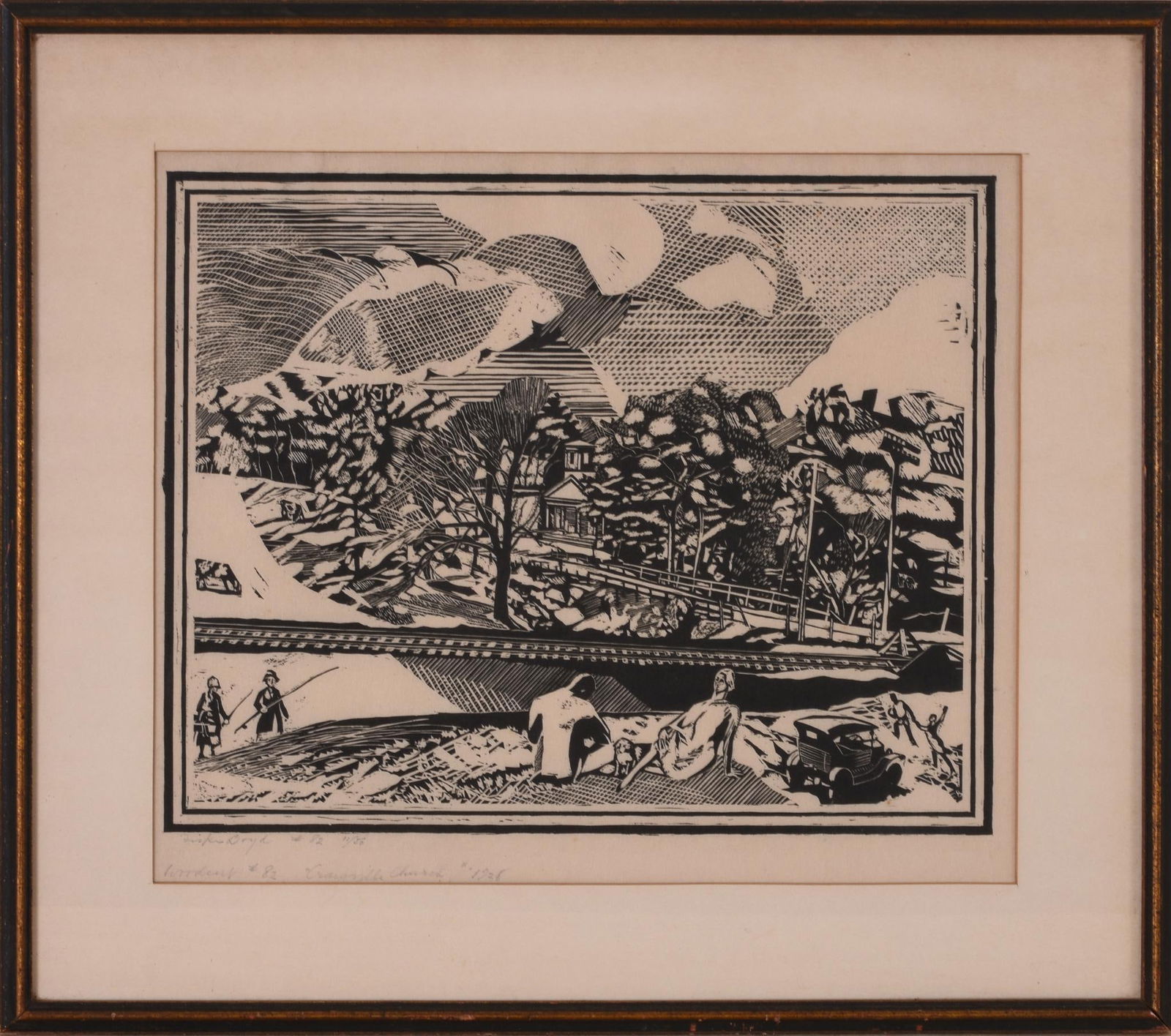 Fiske Boyd Woodcut Print.: “Craigville Church”, 1926, pencil signed, titled, and numbered 11/50 l.l., framed. Mat opening 11 x 13 3/8 inches. Frame 16 x 18 3/8 inches.