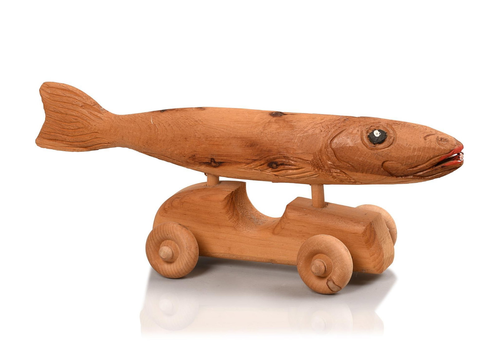 Kurhaiec Wood Carved Fish Pull Toy: Signed on bottom, length 17 inches