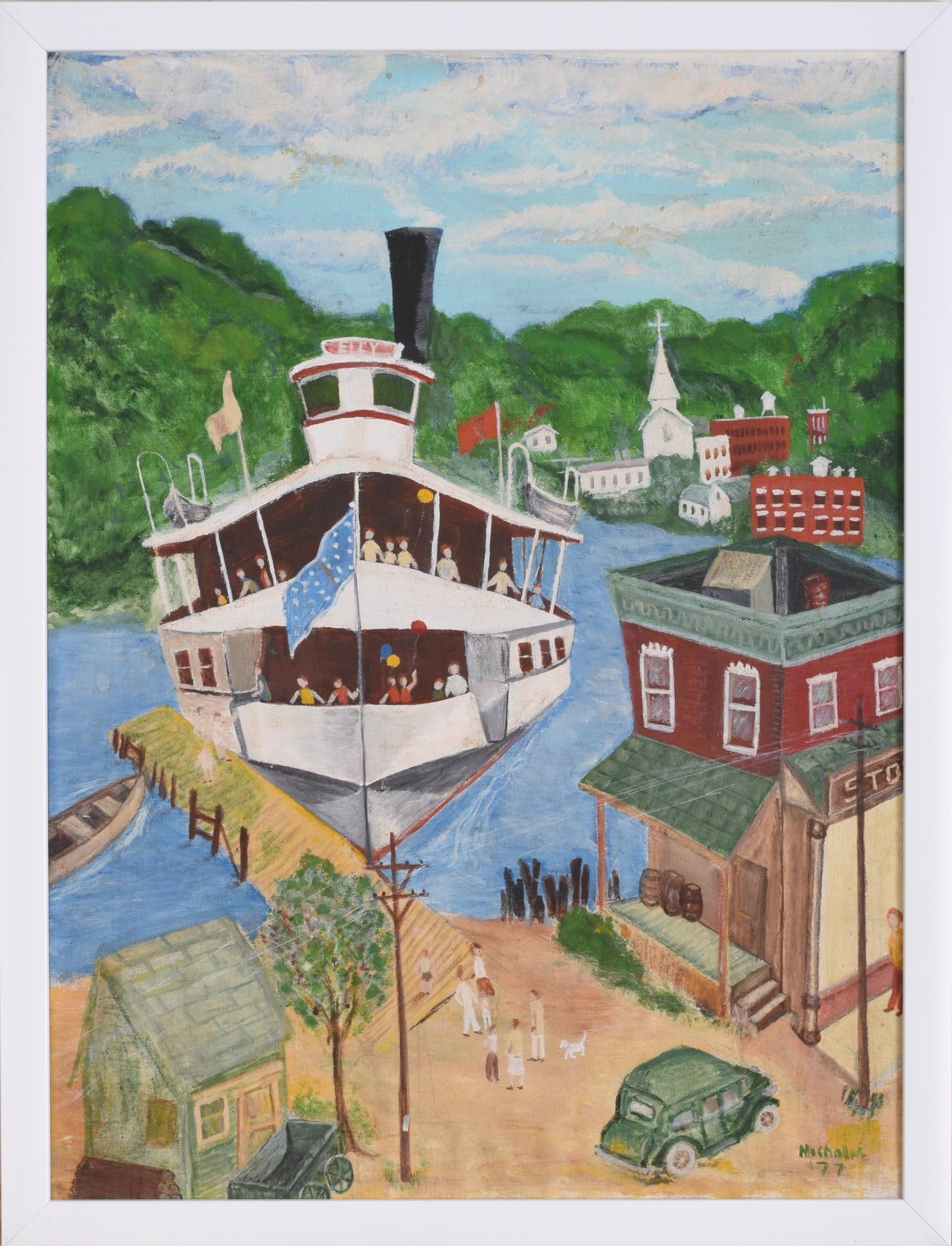 Folk Art Painting of a Ferry Boat.: On board signed l.r, Nicholas '77, framed 25.5 inches x 19.5 inches