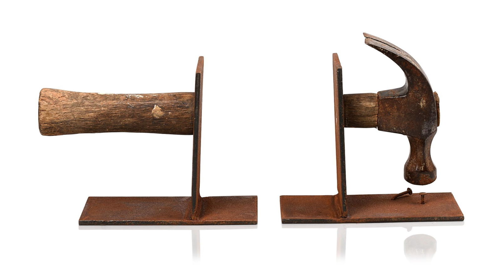 Hammer and Nail Bookends.: Height 5 inches, total length 12 inches.