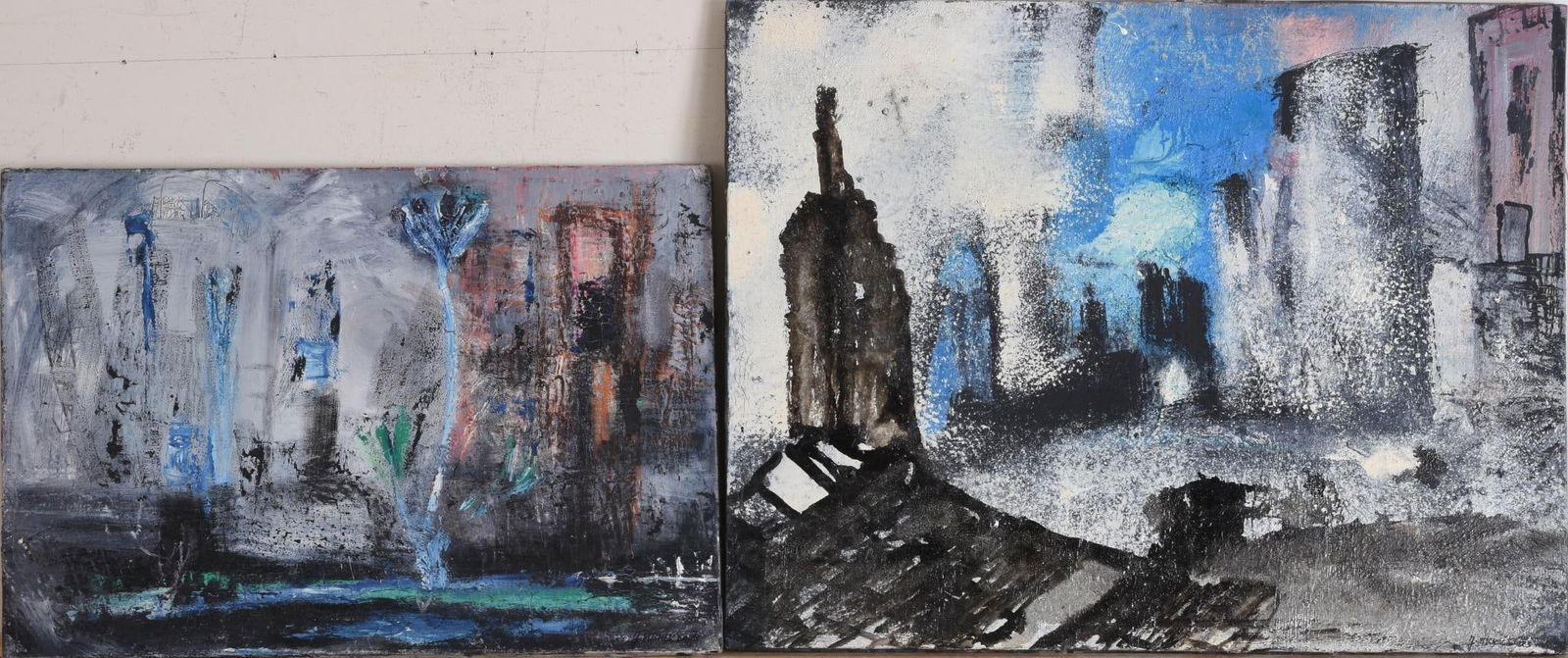 Jean Michael-Dales. Two Abstract Paintings.: On canvas unframed, both signed l.r, Jean Michael-Davis is a native of Rhode Island, 15 inches x 21.5 inches and 19.75 x 25.5 inches