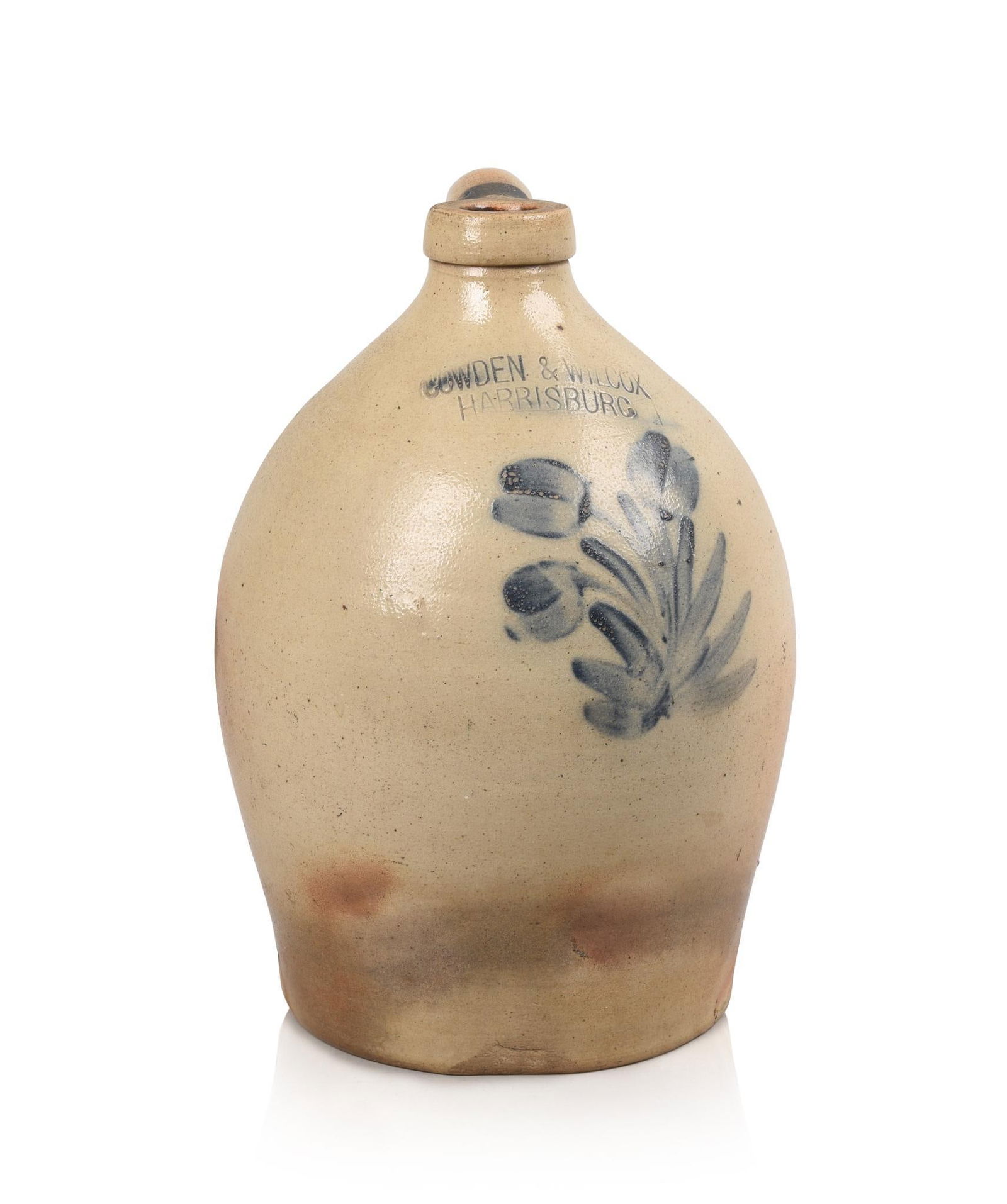 COWDEN & WILCOX COBALT DECORATED STONEWARE JUG. (1 of 6)