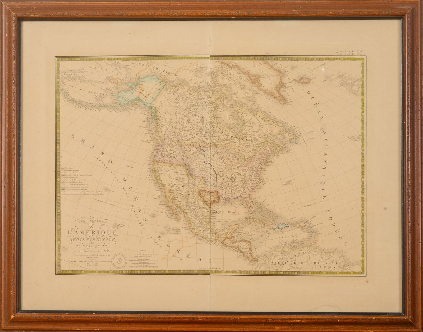 MAP OF AMERICA 1843: Carte Generale de L’ Amerique, by Brue, Paris, tear in upper right corner, image 19 inches x 24.5 inches, framed 22 inches x 27.5 inches