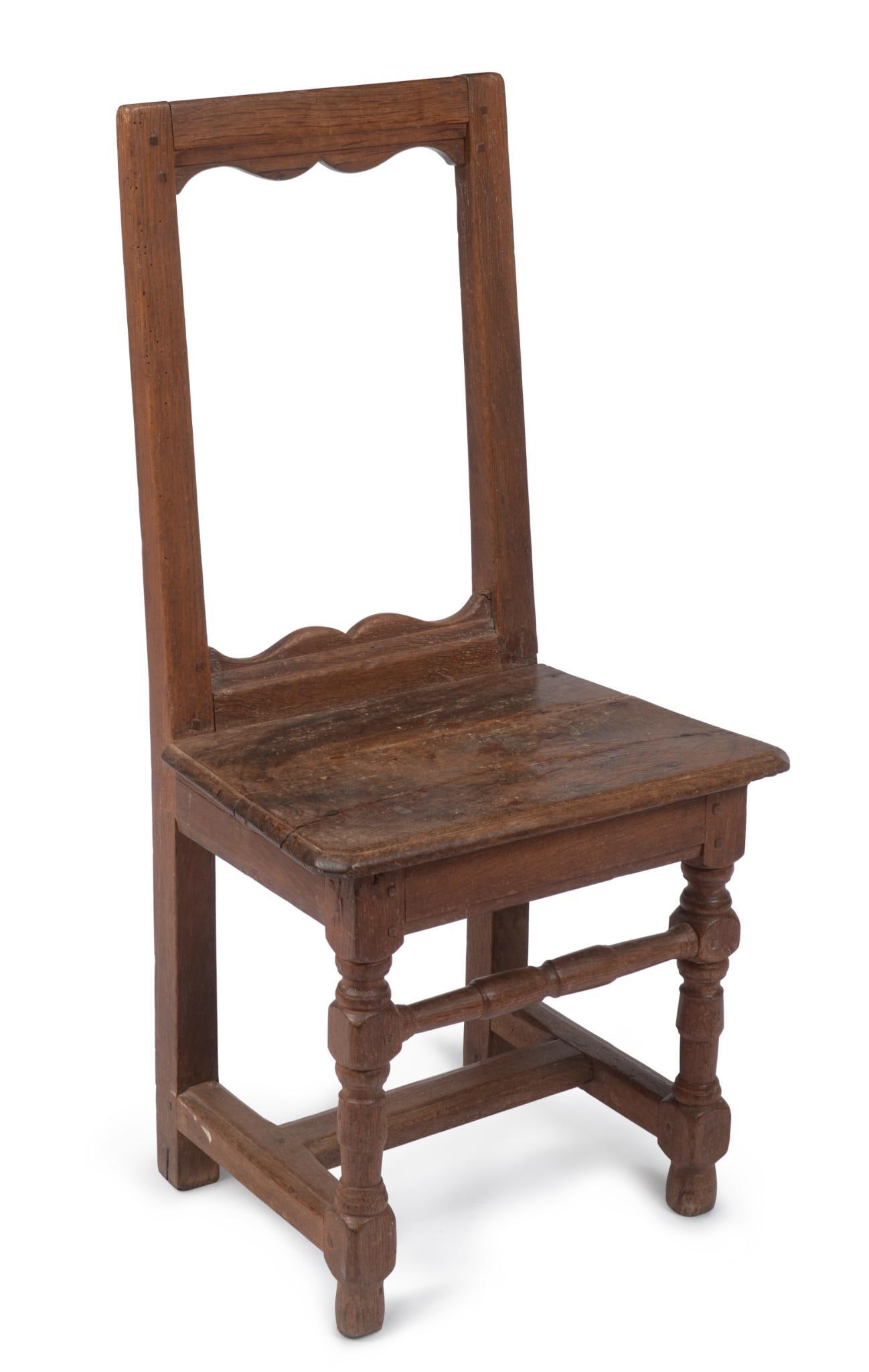 17TH CENTURY CHILD'S CHAIR, PROBABLY FRENCH: On turned front legs with H stretcher, height 32 inches