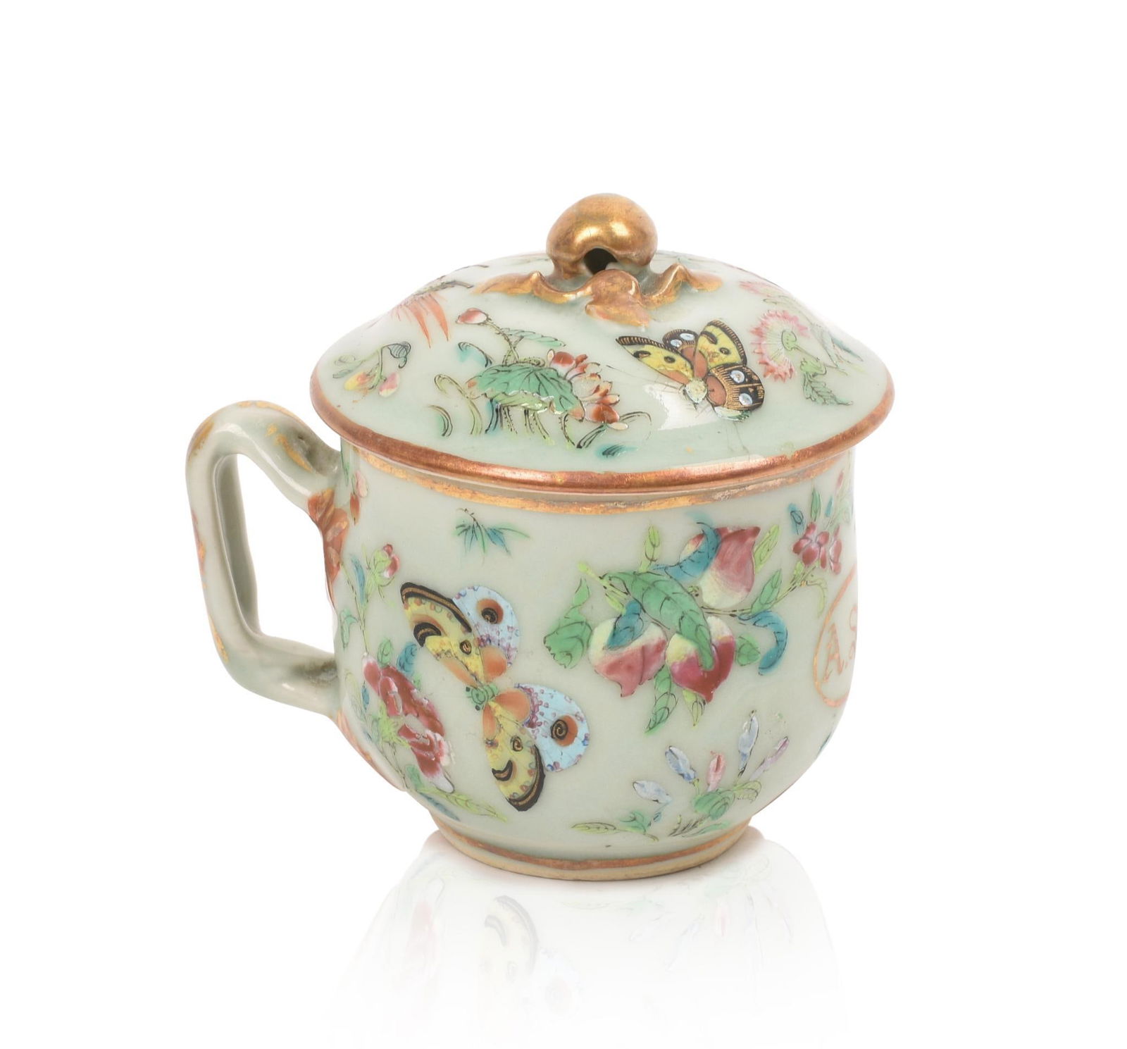 CHINESE FAMILLE ROSE PORCELAIN POT DE CREME: With a celadon ground, 19th century, height 3.5 inches