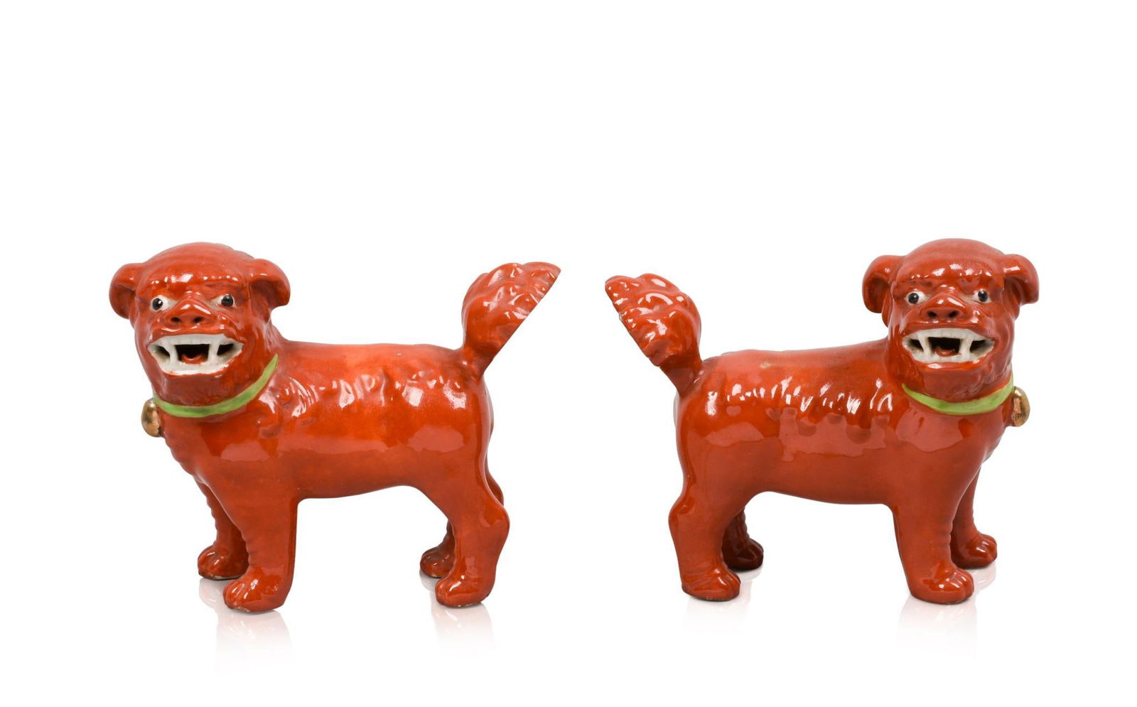 PAIR OF CHINESE CORAL GROUND PORCELAIN FOO DOGS (1 of 4)