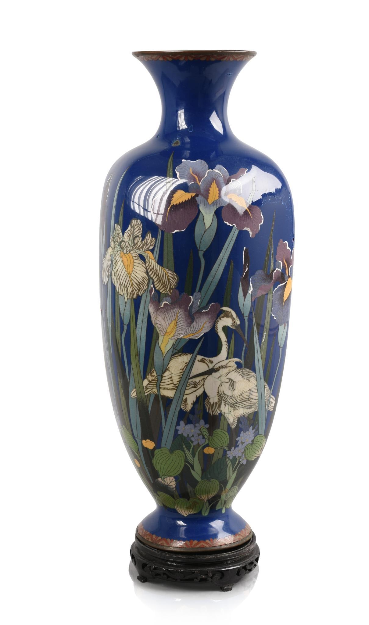 VERY LARGE CLOISONNE VASE WITH IRISES. (1 of 9)