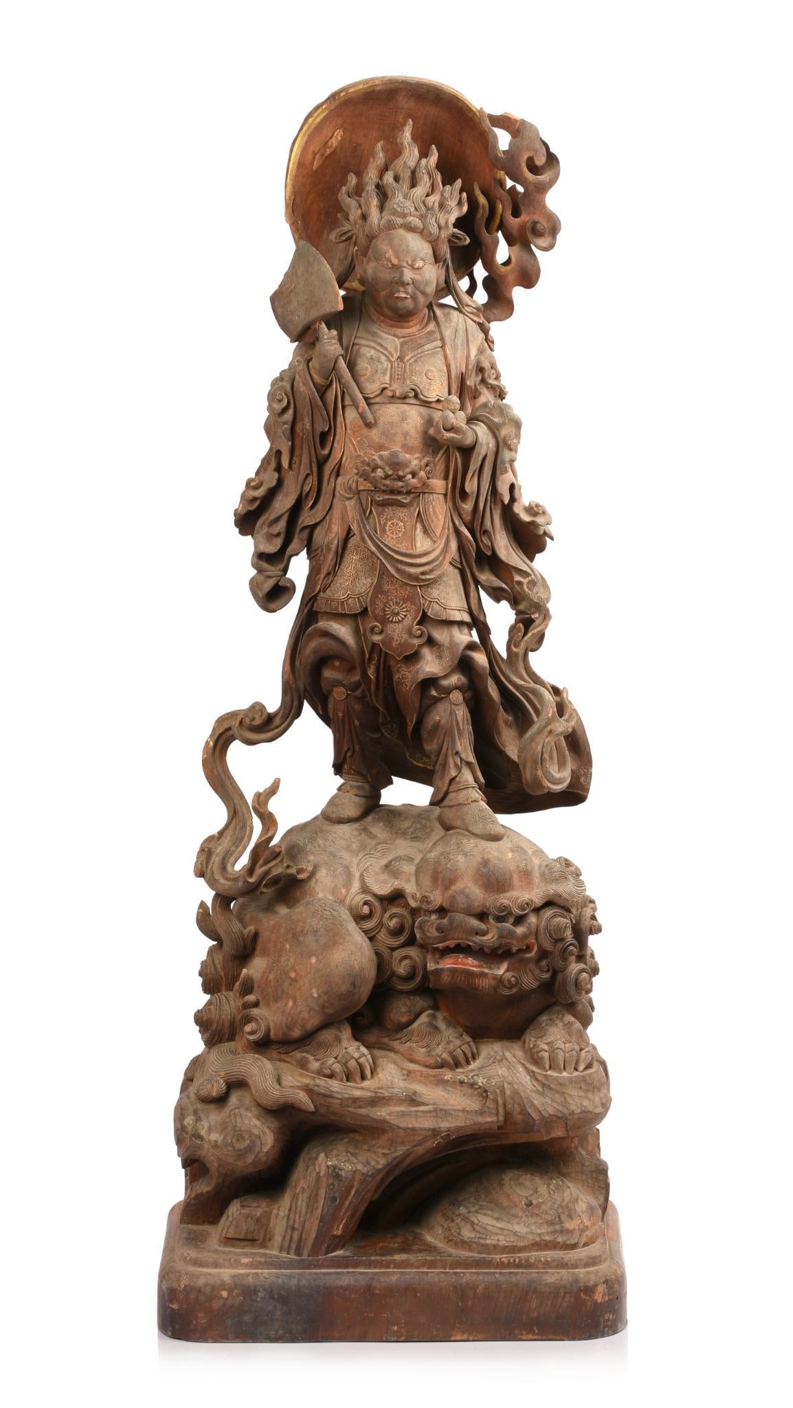 BUDDHIST CARVED WOODEN NANBOKUCHO PERIOD GUARDIAN STATUE (1 of 6)